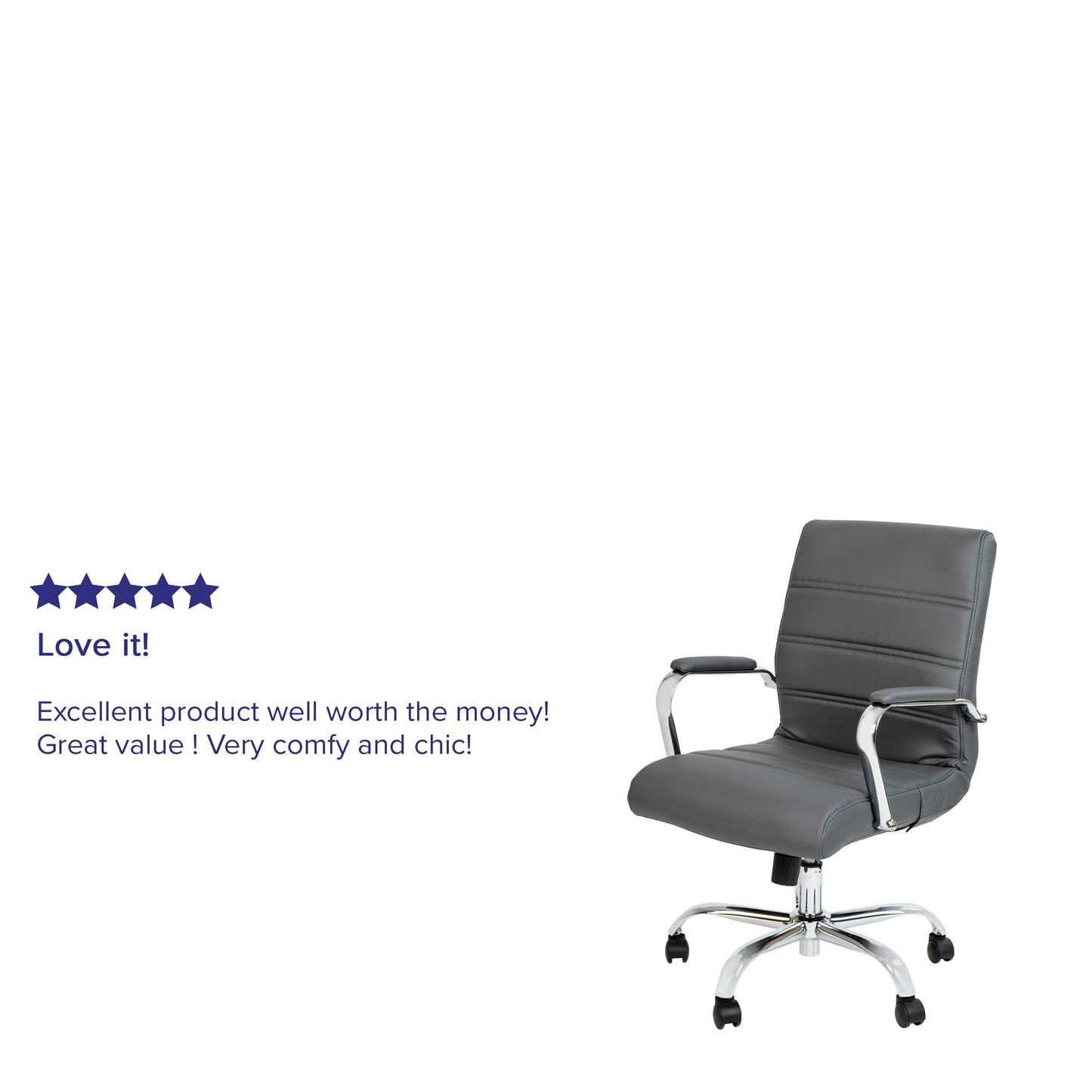 Whitney Mid-Back Gray LeatherSoft Executive Swivel Office Chair with Chrome Frame and Arms Gray LeatherSoft/Chrome Frame