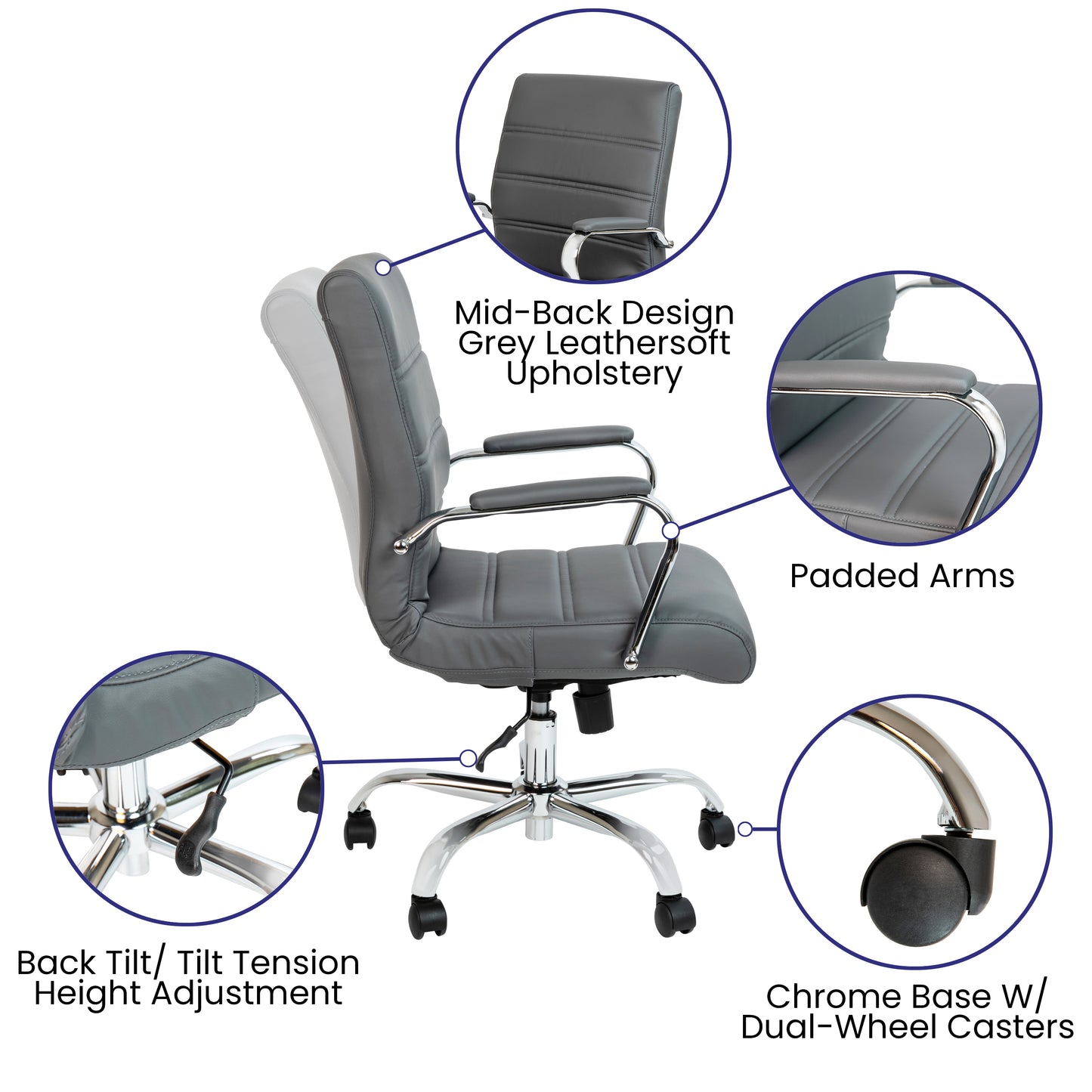 Whitney Mid-Back Gray LeatherSoft Executive Swivel Office Chair with Chrome Frame and Arms Gray LeatherSoft/Chrome Frame
