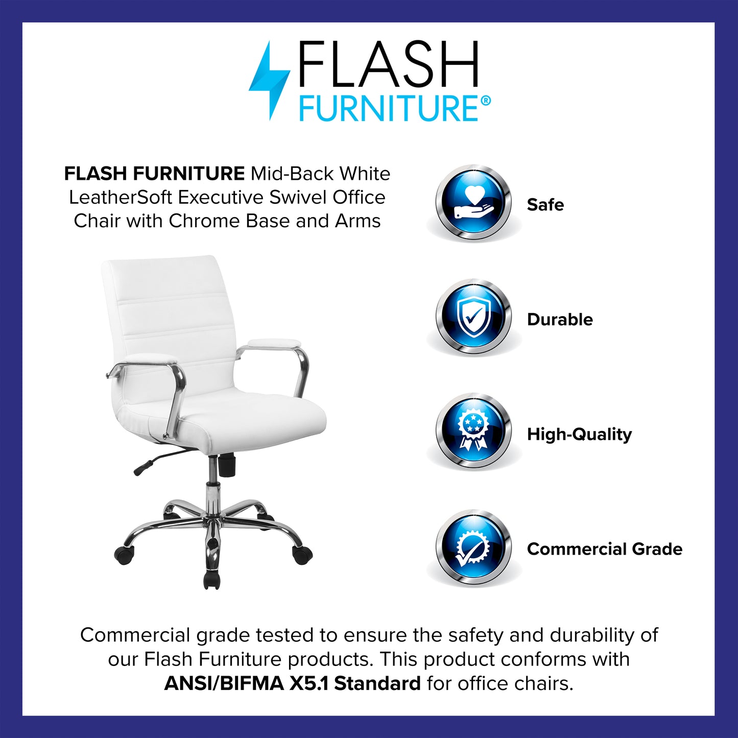 Whitney Mid-Back White LeatherSoft Executive Swivel Office Chair with Chrome Frame and Arms White LeatherSoft/Chrome Frame