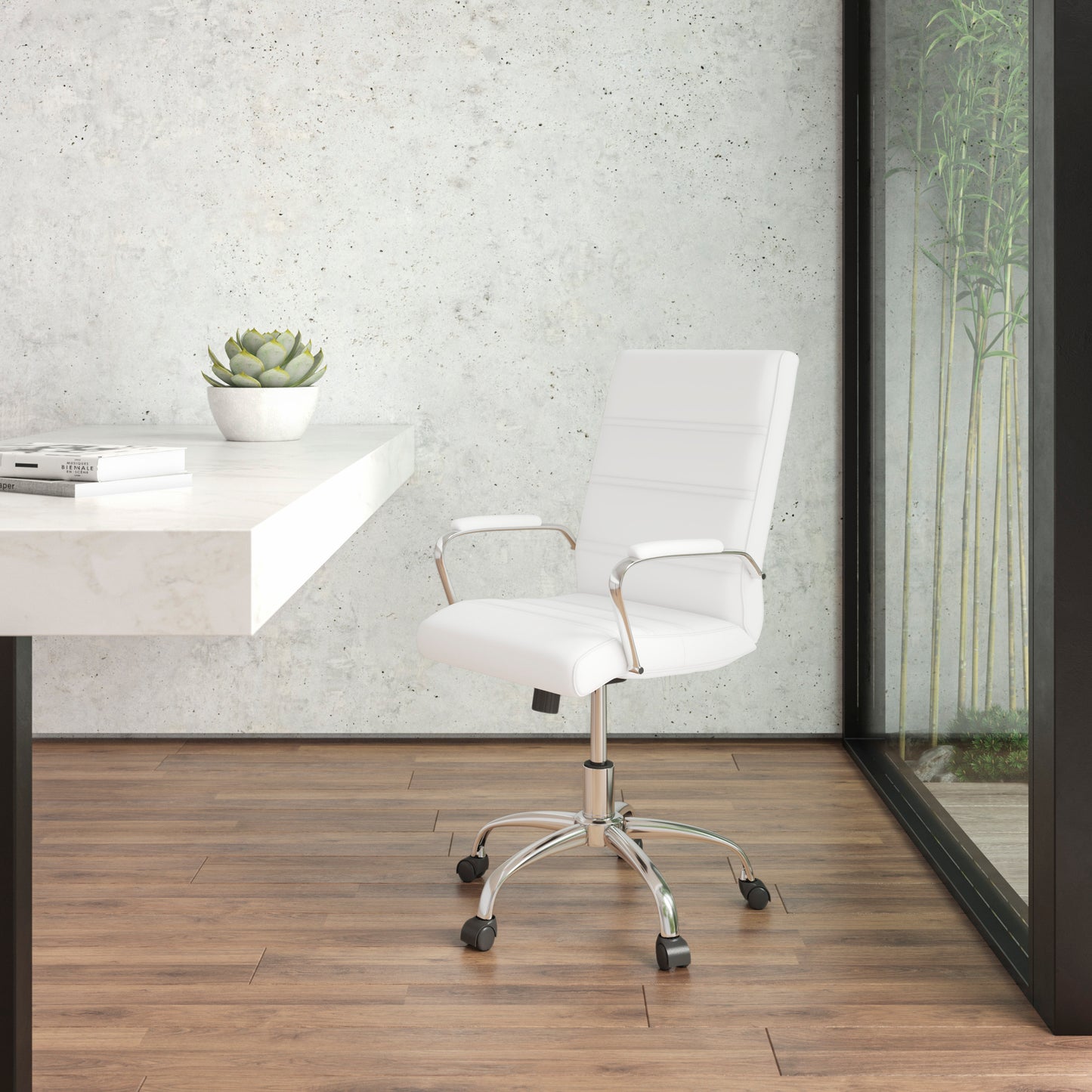 Whitney Mid-Back White LeatherSoft Executive Swivel Office Chair with Chrome Frame and Arms White LeatherSoft/Chrome Frame