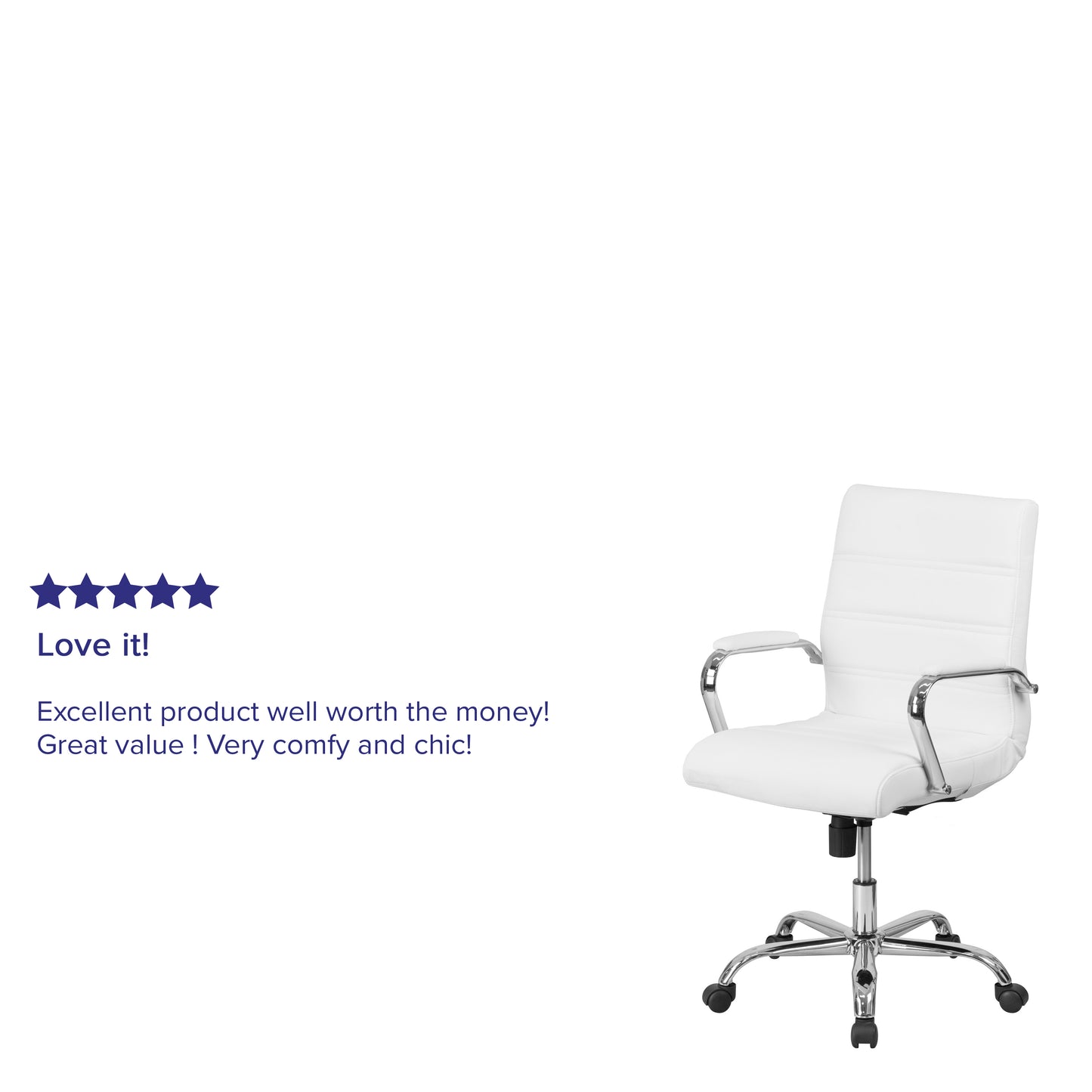 Whitney Mid-Back White LeatherSoft Executive Swivel Office Chair with Chrome Frame and Arms White LeatherSoft/Chrome Frame