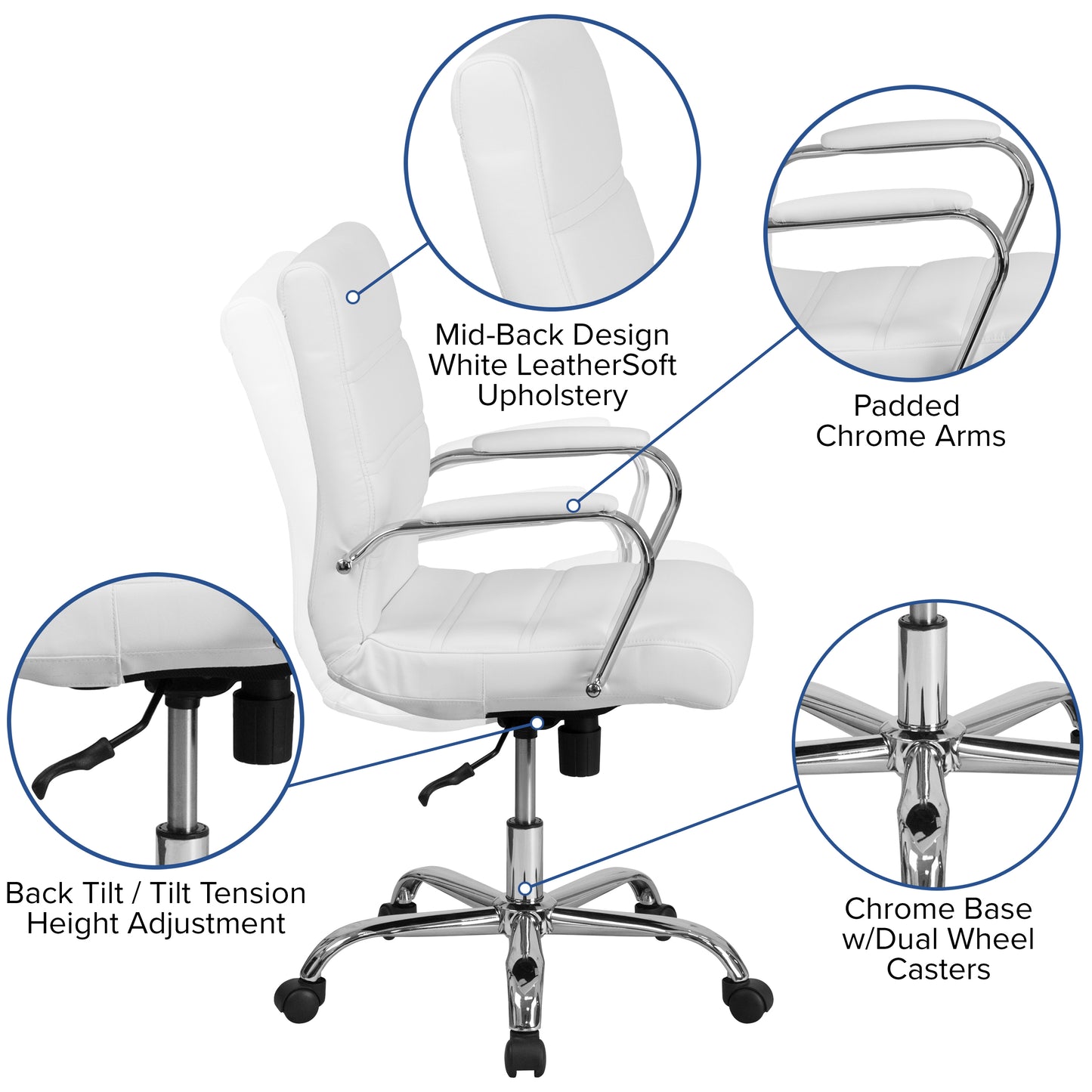 Whitney Mid-Back White LeatherSoft Executive Swivel Office Chair with Chrome Frame and Arms White LeatherSoft/Chrome Frame
