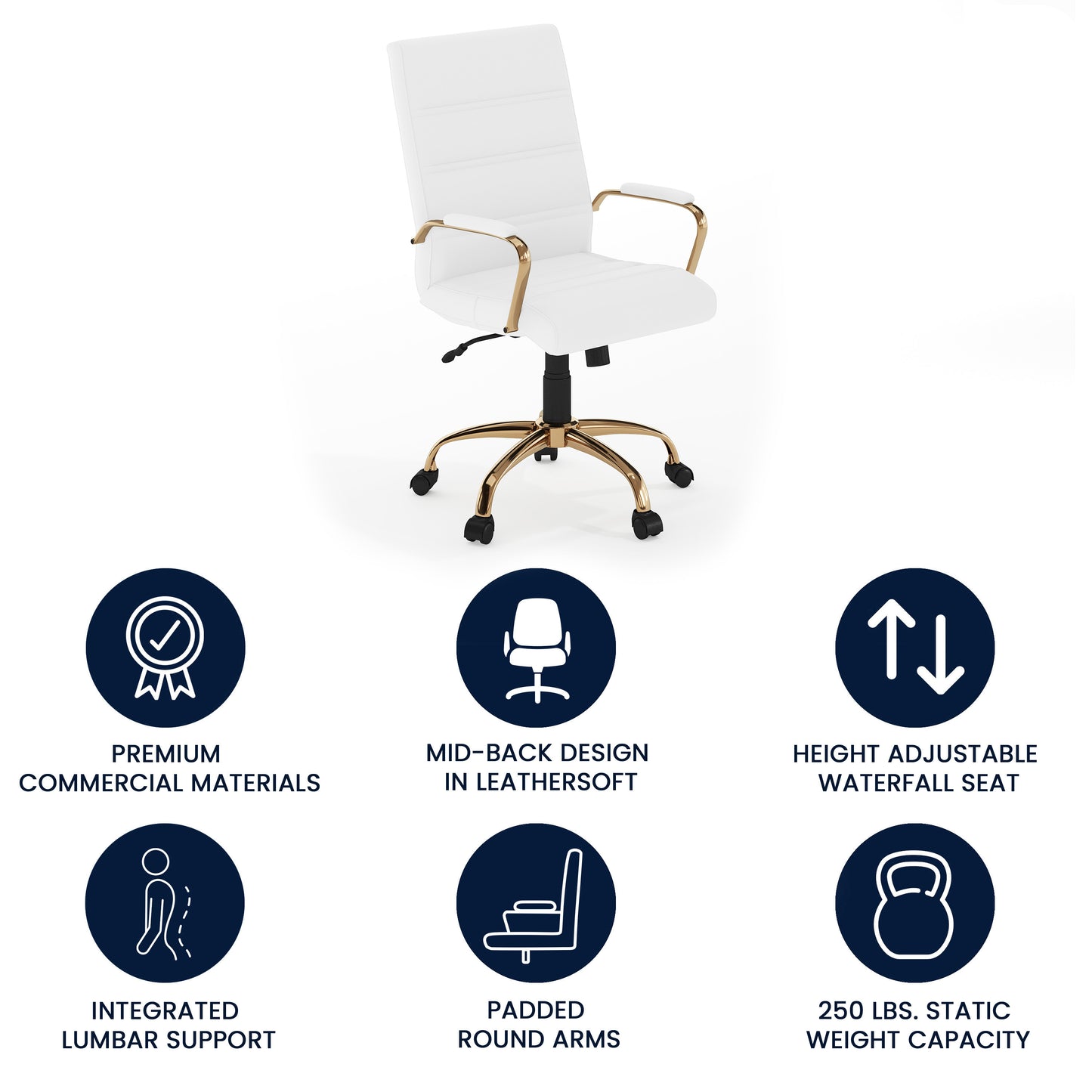 Whitney Mid-Back White LeatherSoft Executive Swivel Office Chair with Gold Frame and Arms White LeatherSoft/Gold Frame