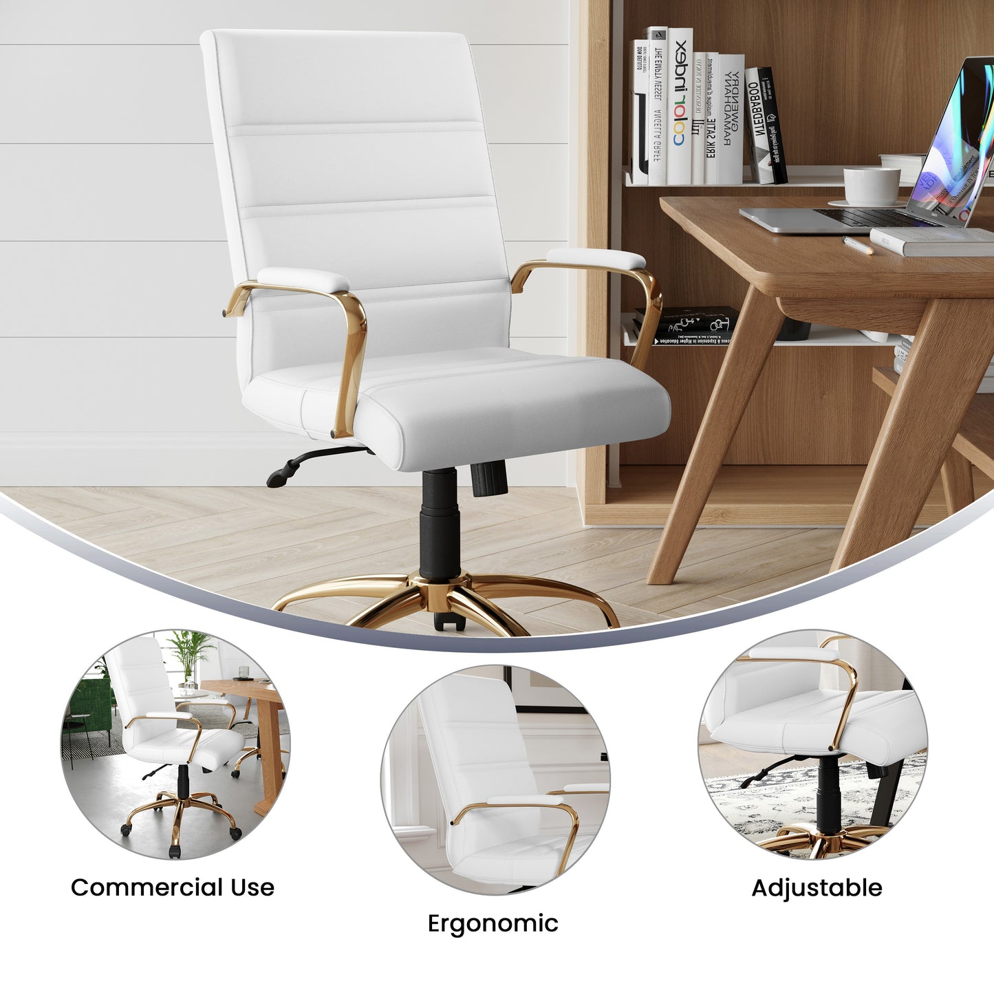 Whitney Mid-Back White LeatherSoft Executive Swivel Office Chair with Gold Frame and Arms White LeatherSoft/Gold Frame