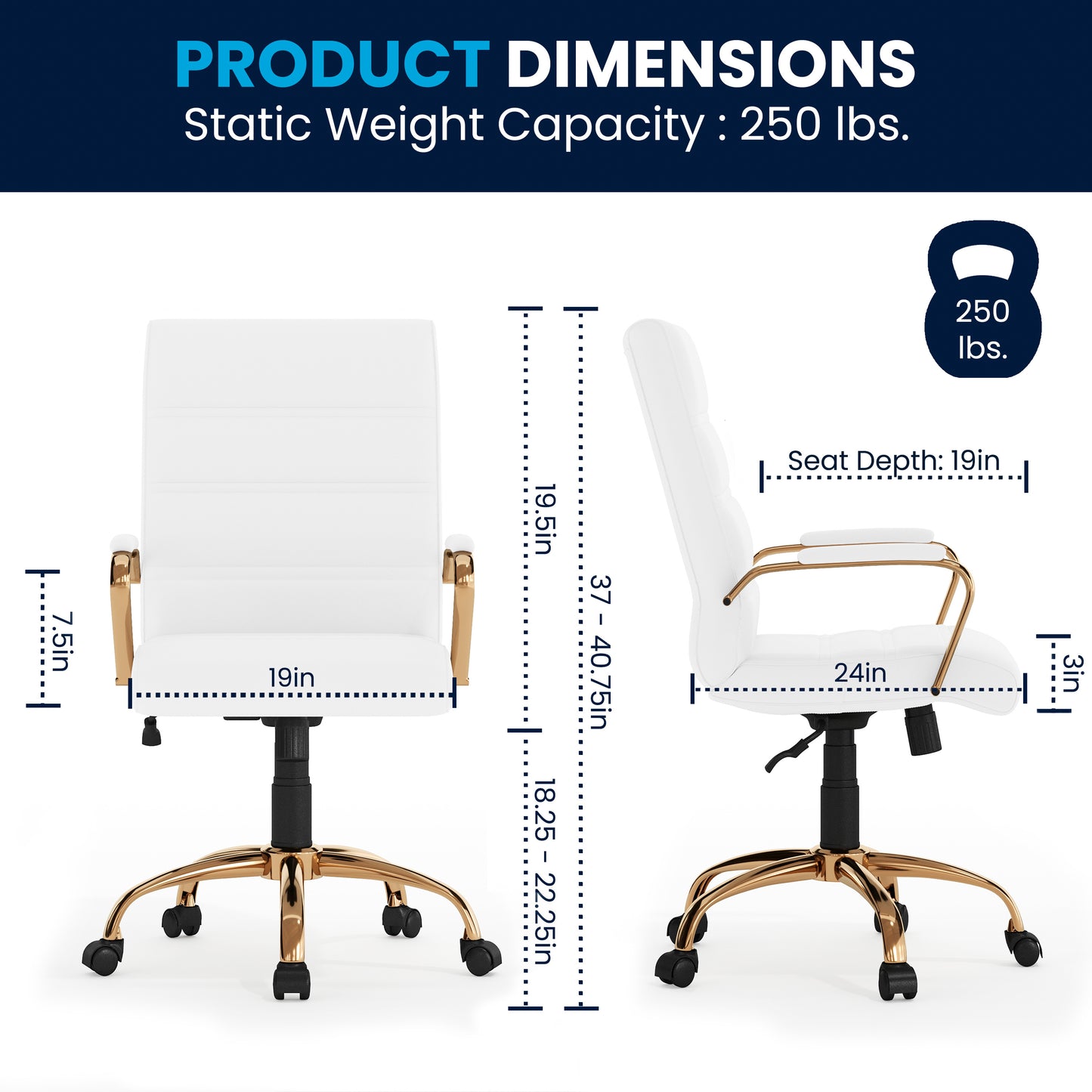 Whitney Mid-Back White LeatherSoft Executive Swivel Office Chair with Gold Frame and Arms White LeatherSoft/Gold Frame