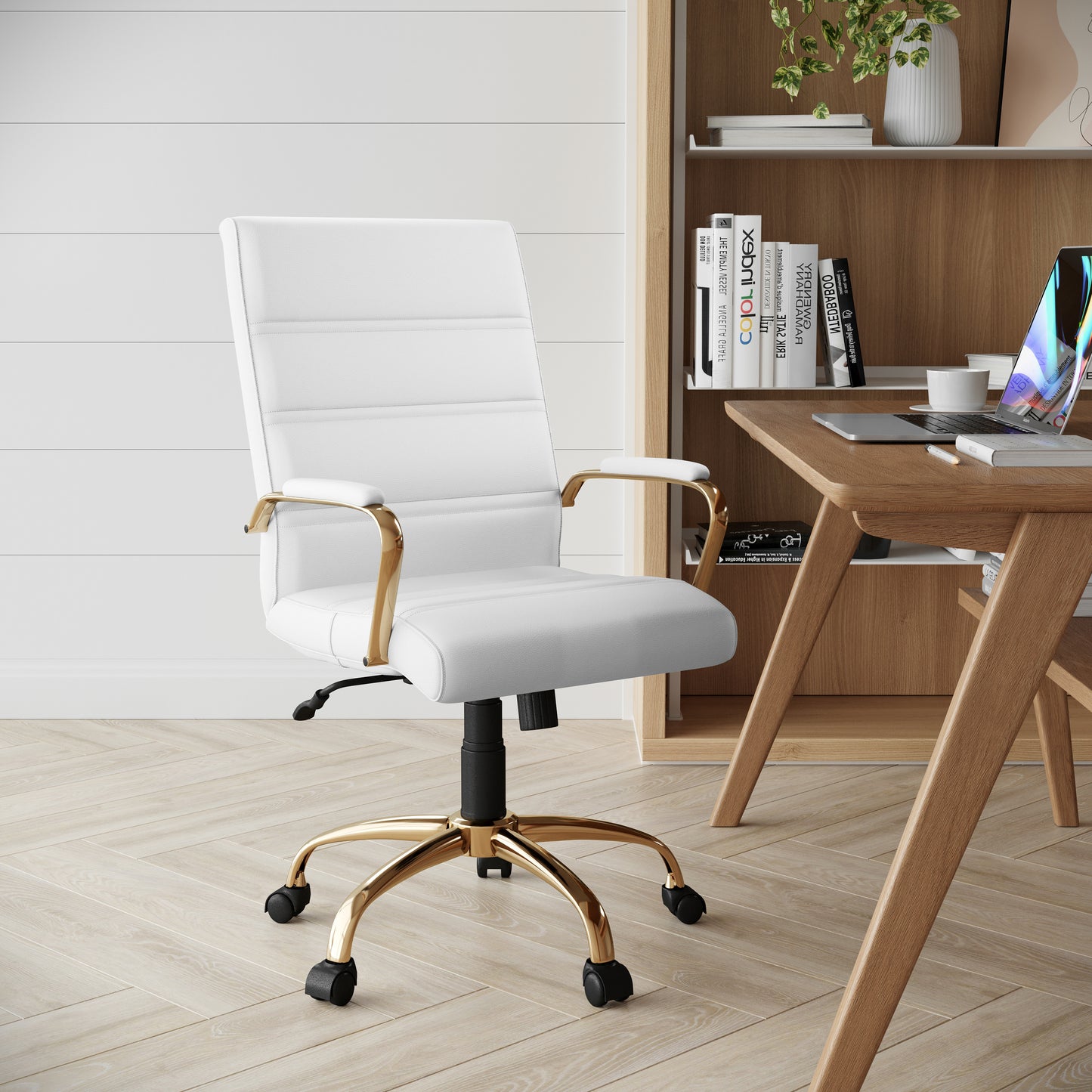 Whitney Mid-Back White LeatherSoft Executive Swivel Office Chair with Gold Frame and Arms White LeatherSoft/Gold Frame