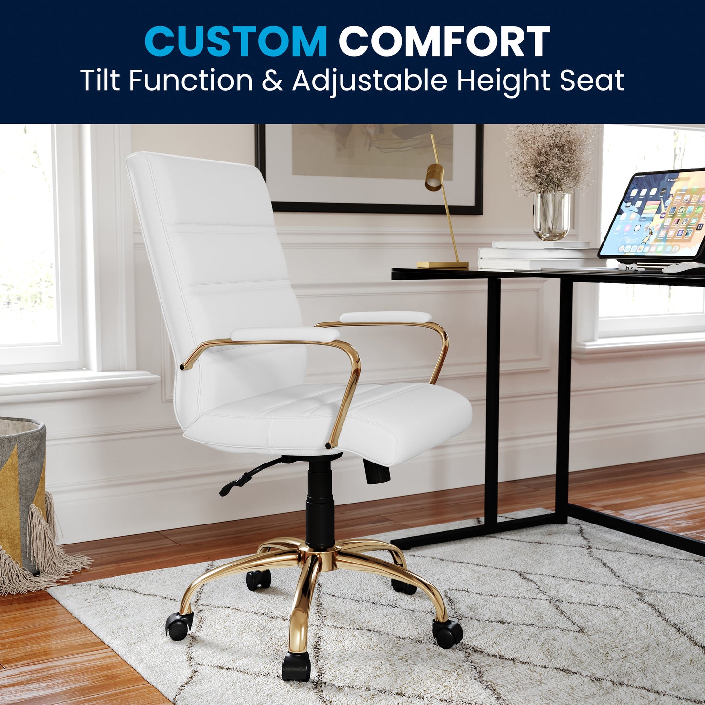 Whitney Mid-Back White LeatherSoft Executive Swivel Office Chair with Gold Frame and Arms White LeatherSoft/Gold Frame