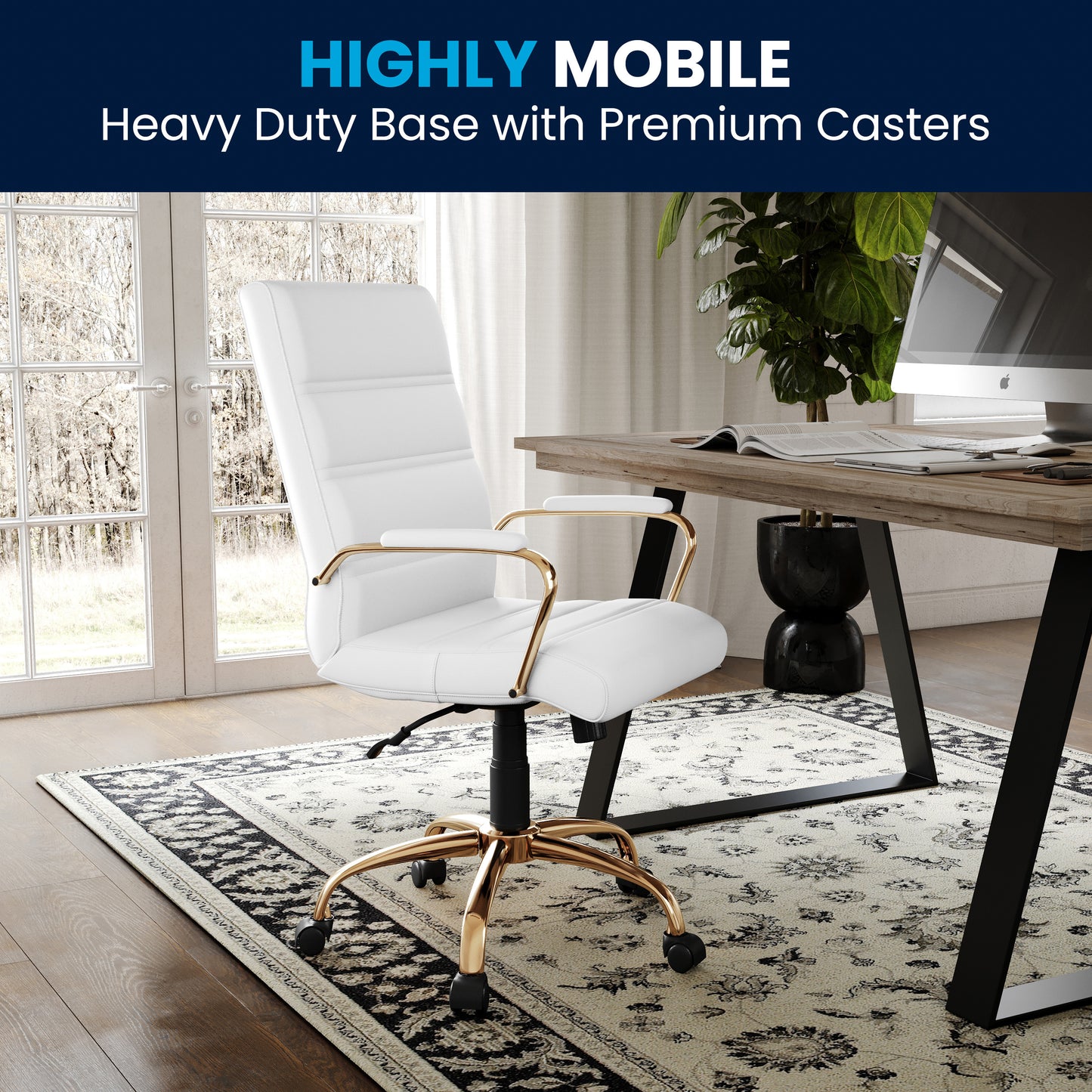 Whitney Mid-Back White LeatherSoft Executive Swivel Office Chair with Gold Frame and Arms White LeatherSoft/Gold Frame