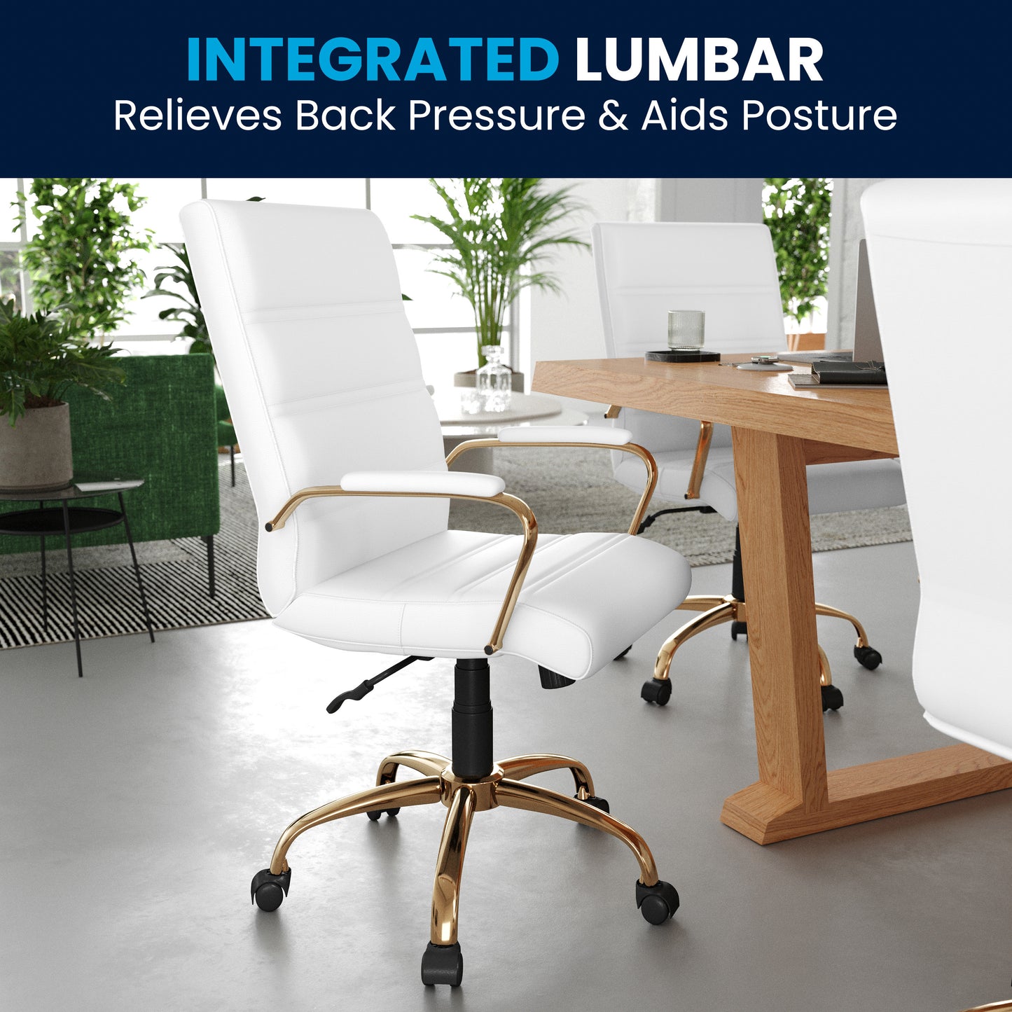 Whitney Mid-Back White LeatherSoft Executive Swivel Office Chair with Gold Frame and Arms White LeatherSoft/Gold Frame