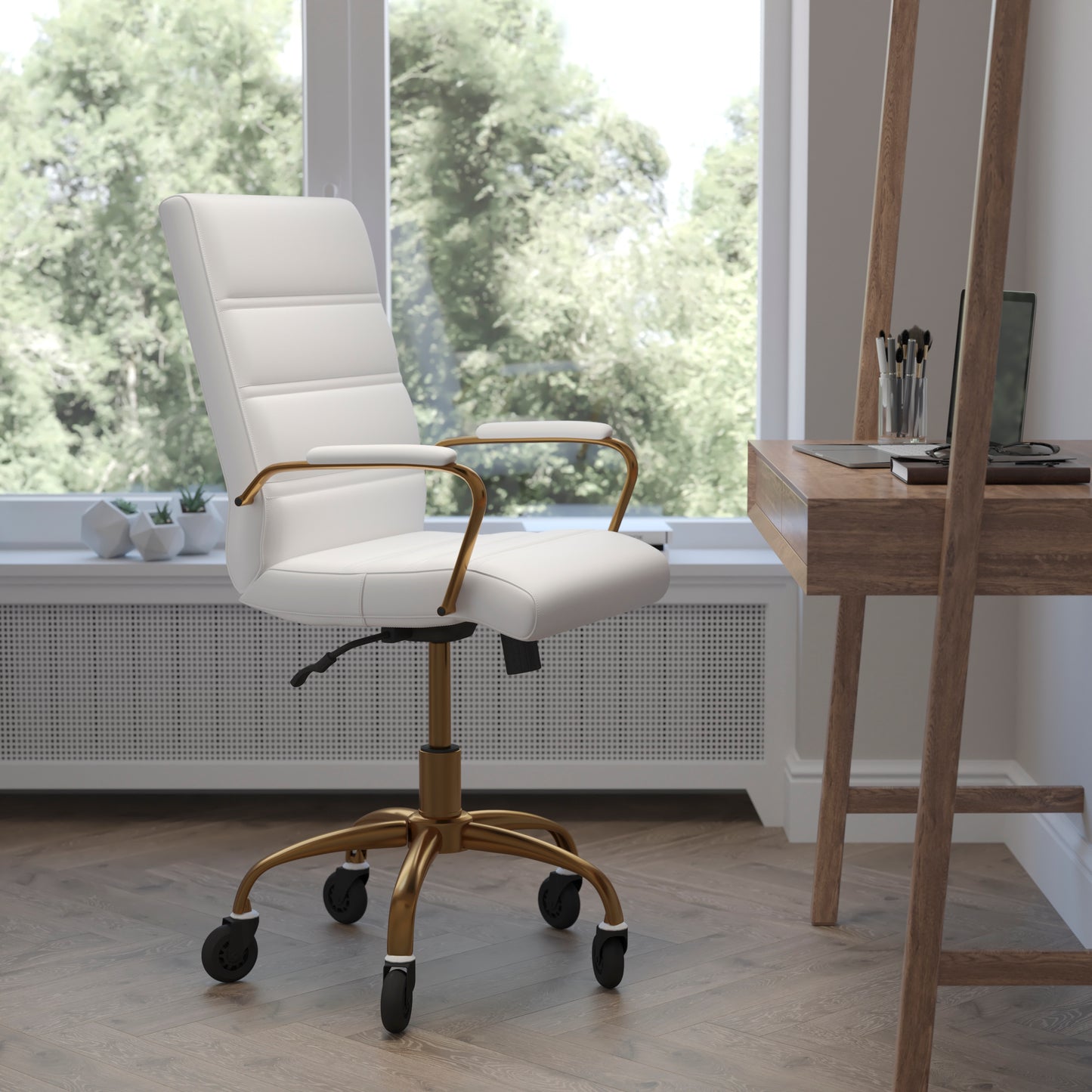 Camilia Mid-Back White LeatherSoft Executive Swivel Office Chair with Gold Frame, Arms, and Transparent Roller Wheels White LeatherSoft/Gold Frame