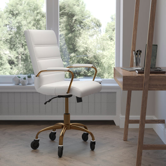 Camilia Mid-Back White LeatherSoft Executive Swivel Office Chair with Gold Frame, Arms, and Transparent Roller Wheels White LeatherSoft/Gold Frame GO-2286M-WH-GLD-RLB-GG