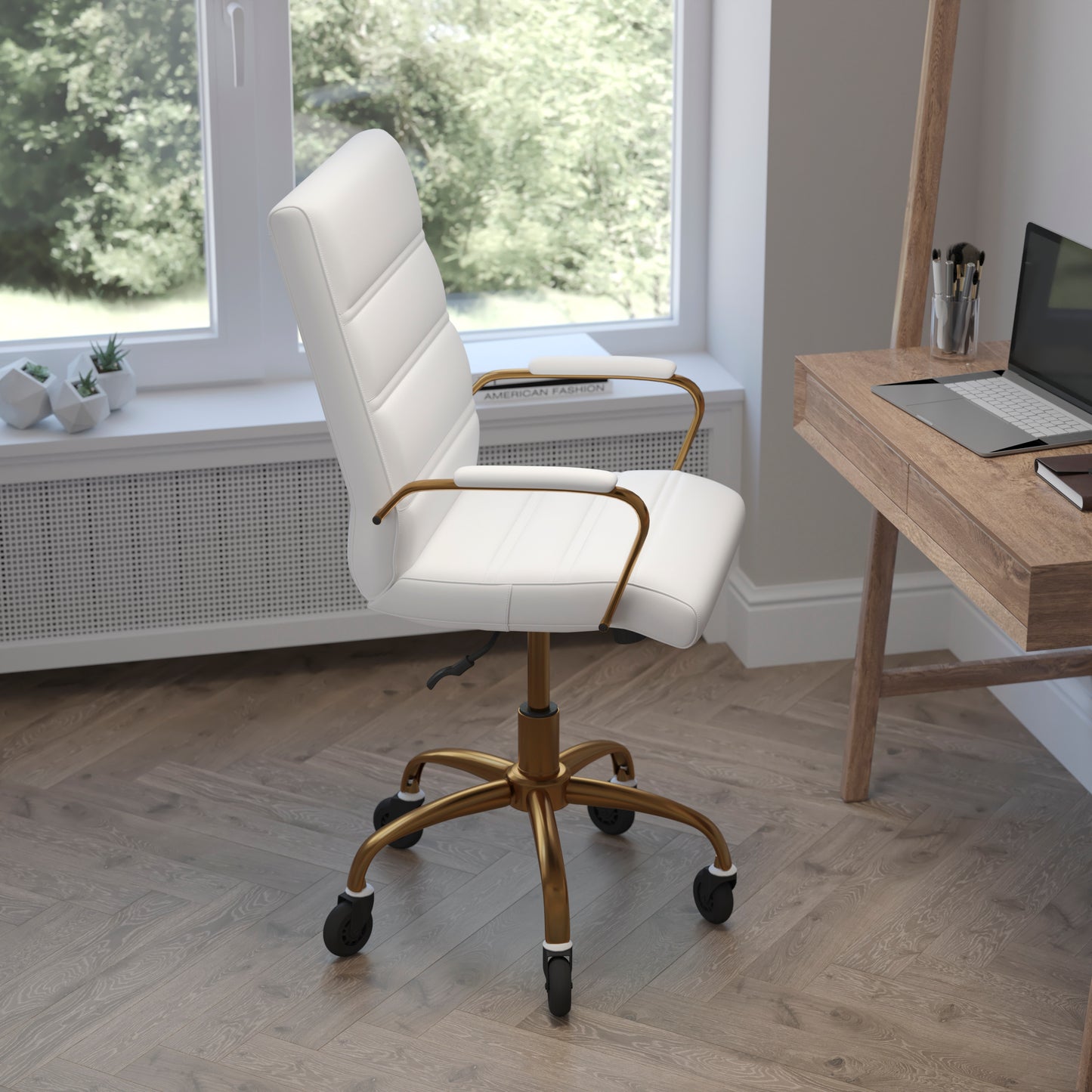 Camilia Mid-Back White LeatherSoft Executive Swivel Office Chair with Gold Frame, Arms, and Transparent Roller Wheels White LeatherSoft/Gold Frame
