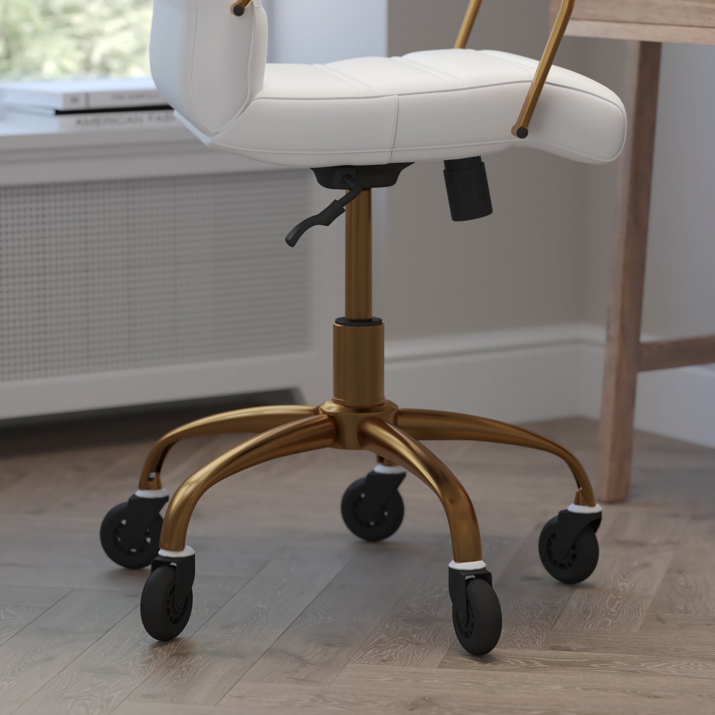 Camilia Mid-Back White LeatherSoft Executive Swivel Office Chair with Gold Frame, Arms, and Transparent Roller Wheels White LeatherSoft/Gold Frame