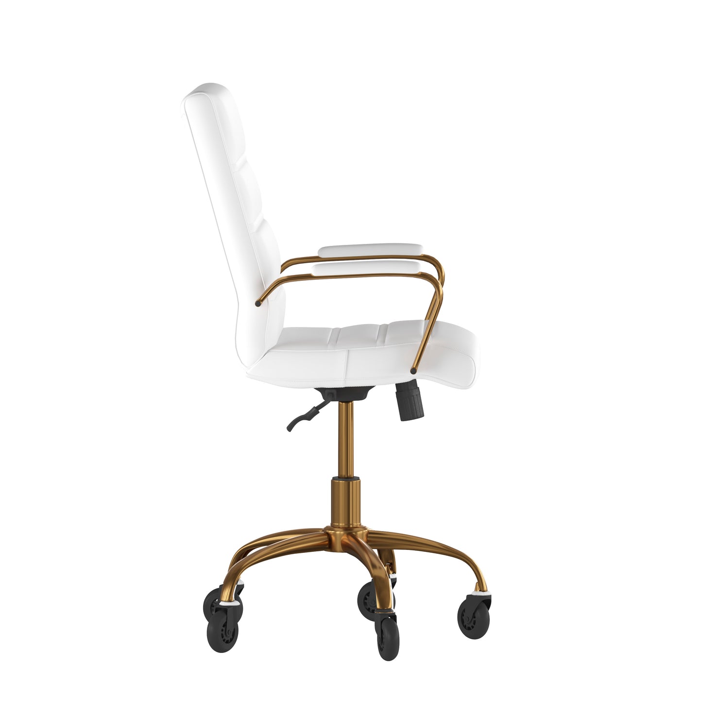 Camilia Mid-Back White LeatherSoft Executive Swivel Office Chair with Gold Frame, Arms, and Transparent Roller Wheels White LeatherSoft/Gold Frame