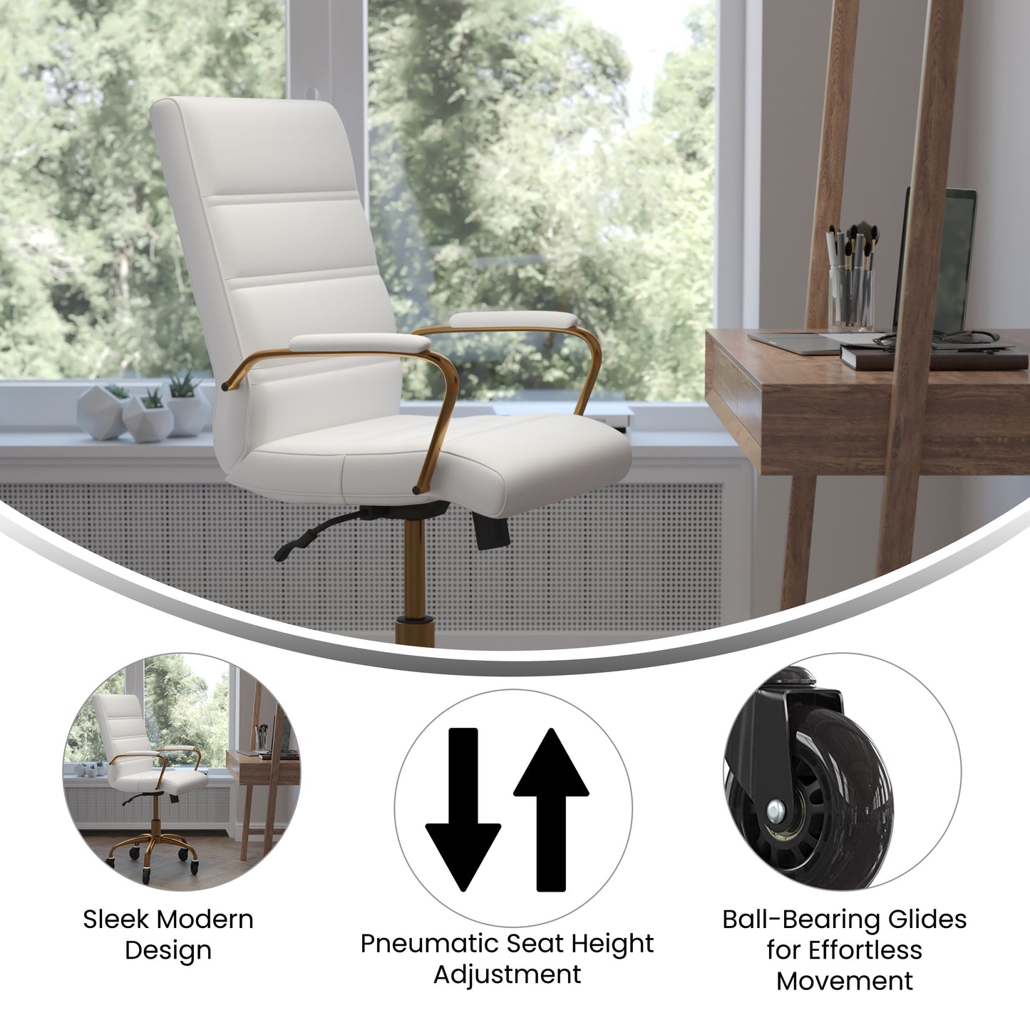Camilia Mid-Back White LeatherSoft Executive Swivel Office Chair with Gold Frame, Arms, and Transparent Roller Wheels White LeatherSoft/Gold Frame