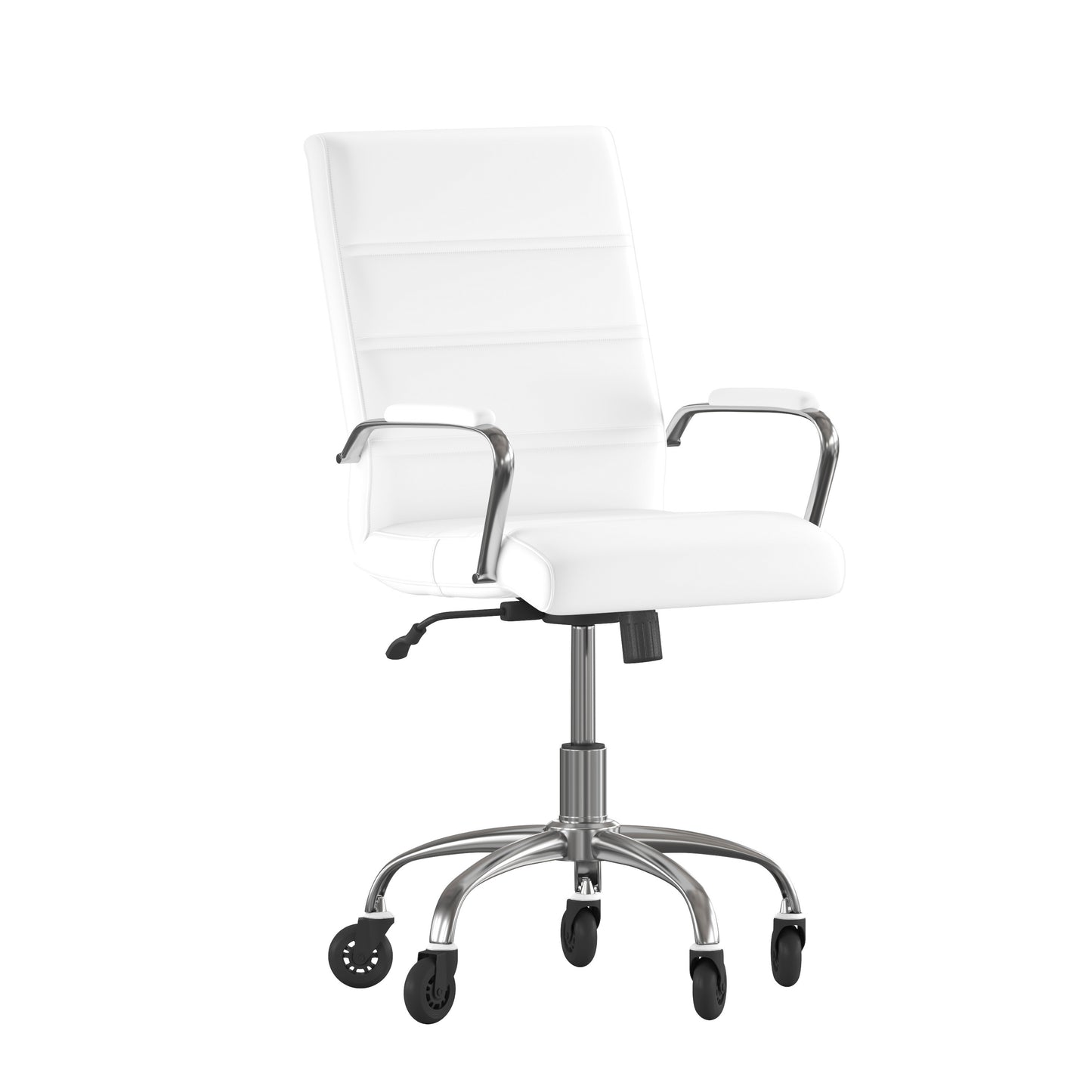 Camilia Mid-Back White LeatherSoft Executive Swivel Office Chair with Chrome Frame, Arms, and Transparent Roller Wheels White LeatherSoft/Chrome Frame