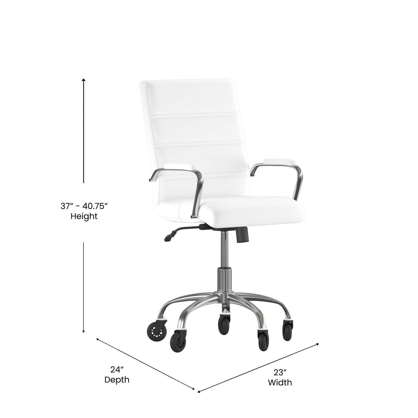 Camilia Mid-Back White LeatherSoft Executive Swivel Office Chair with Chrome Frame, Arms, and Transparent Roller Wheels White LeatherSoft/Chrome Frame