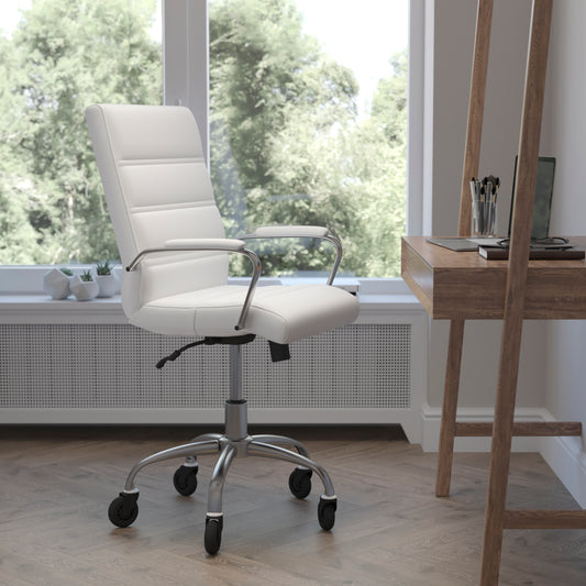 Camilia Mid-Back White LeatherSoft Executive Swivel Office Chair with Chrome Frame, Arms, and Transparent Roller Wheels White LeatherSoft/Chrome Frame GO-2286M-WH-RLB-GG