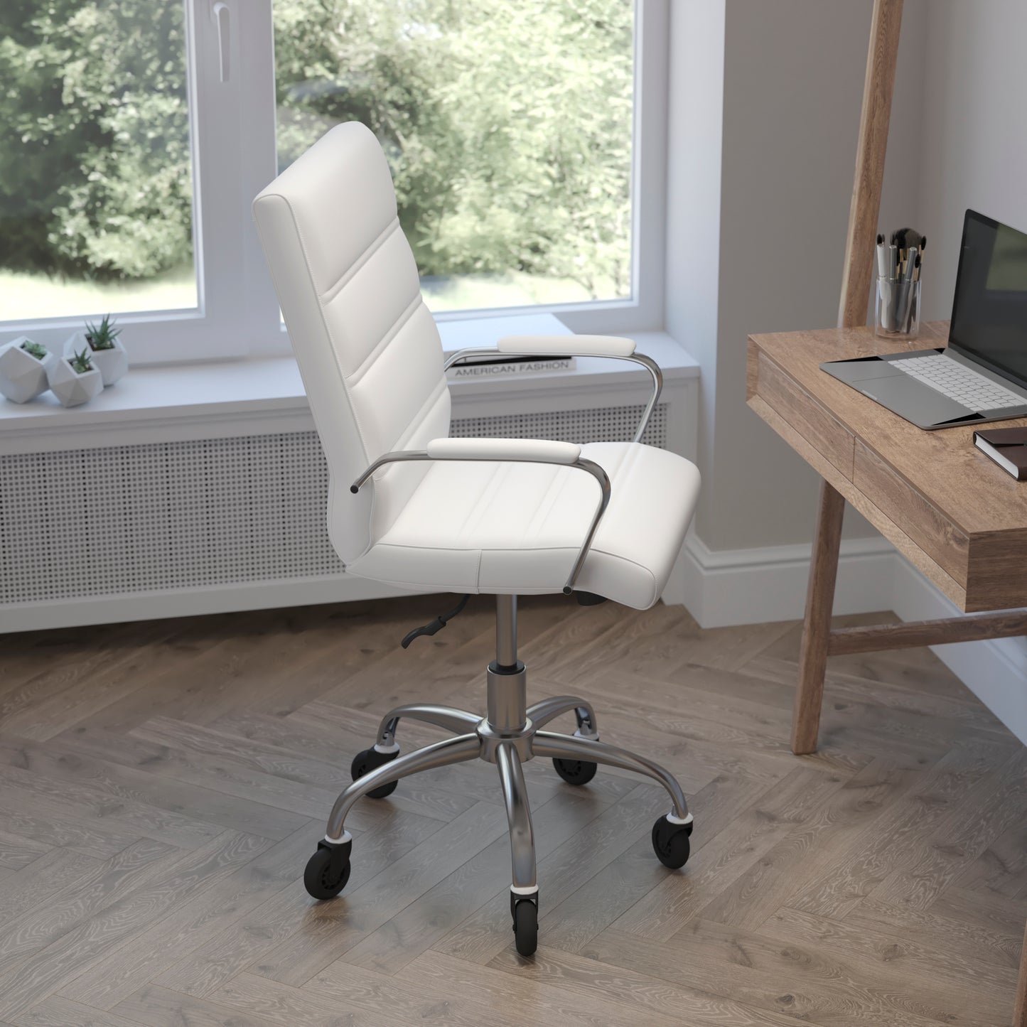 Camilia Mid-Back White LeatherSoft Executive Swivel Office Chair with Chrome Frame, Arms, and Transparent Roller Wheels White LeatherSoft/Chrome Frame