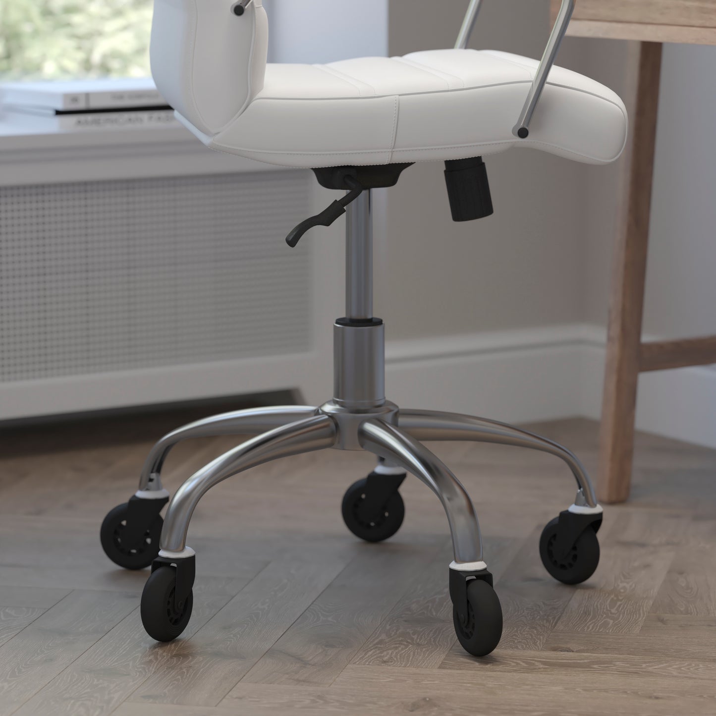 Camilia Mid-Back White LeatherSoft Executive Swivel Office Chair with Chrome Frame, Arms, and Transparent Roller Wheels White LeatherSoft/Chrome Frame
