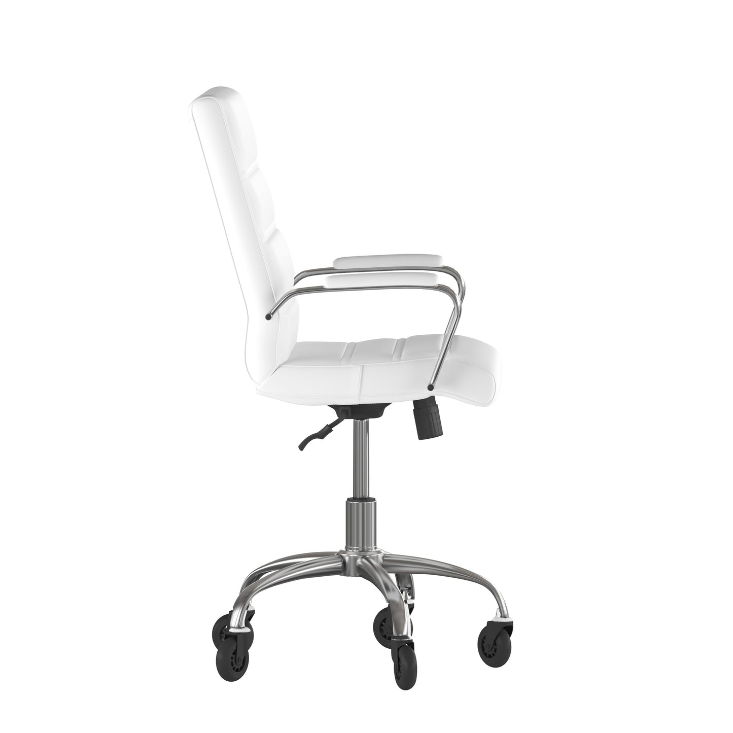 Camilia Mid-Back White LeatherSoft Executive Swivel Office Chair with Chrome Frame, Arms, and Transparent Roller Wheels White LeatherSoft/Chrome Frame