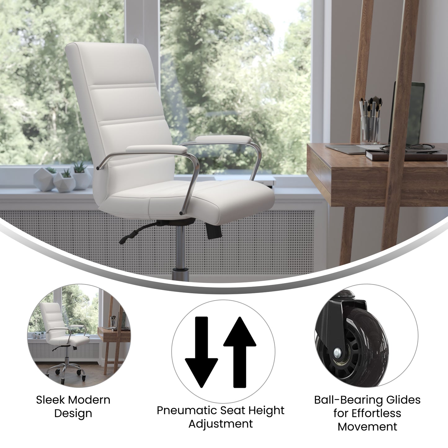 Camilia Mid-Back White LeatherSoft Executive Swivel Office Chair with Chrome Frame, Arms, and Transparent Roller Wheels White LeatherSoft/Chrome Frame