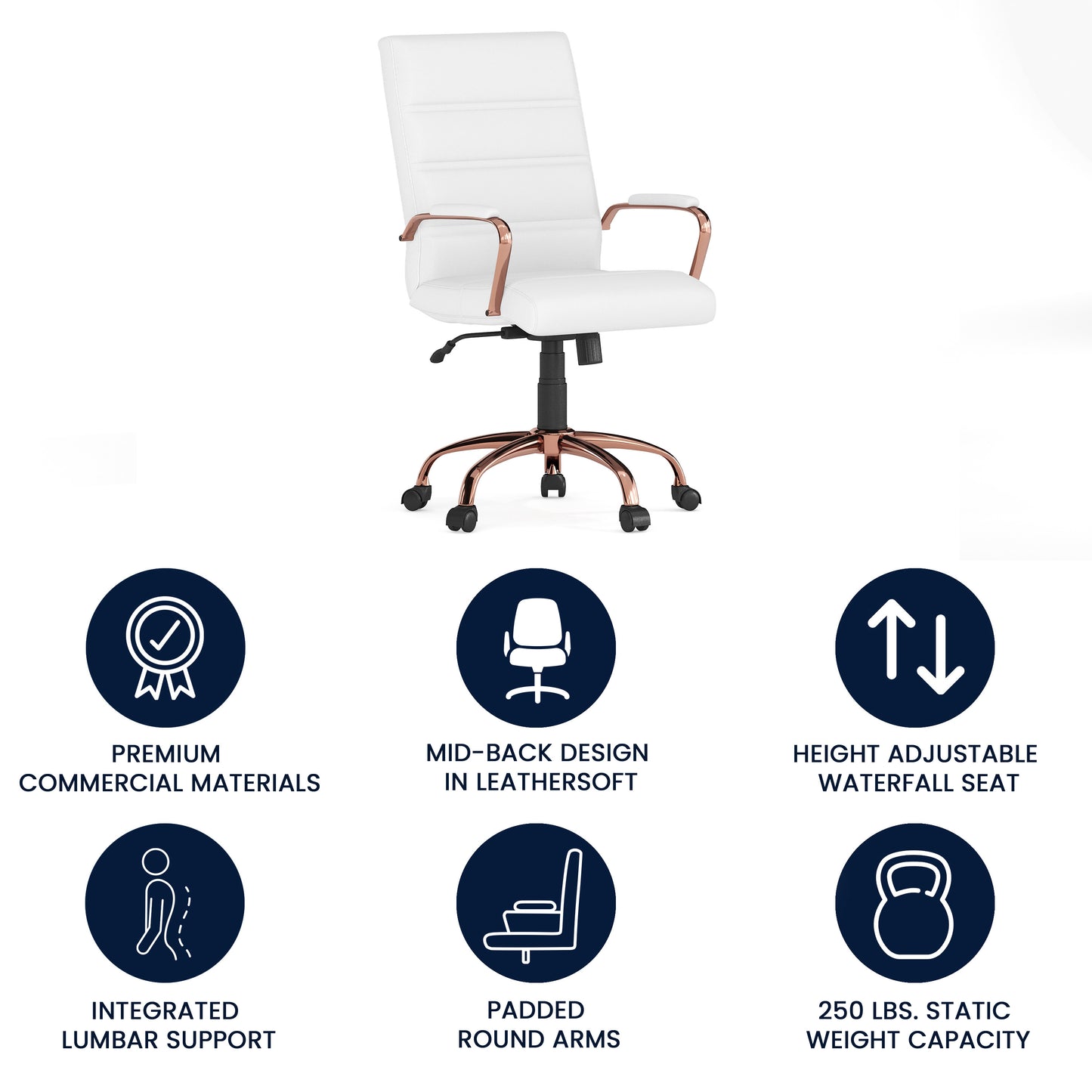 Whitney Mid-Back White LeatherSoft Executive Swivel Office Chair with Rose Gold Frame and Arms White LeatherSoft/Rose Gold Frame GO-2286M-WH-RSGLD-GG