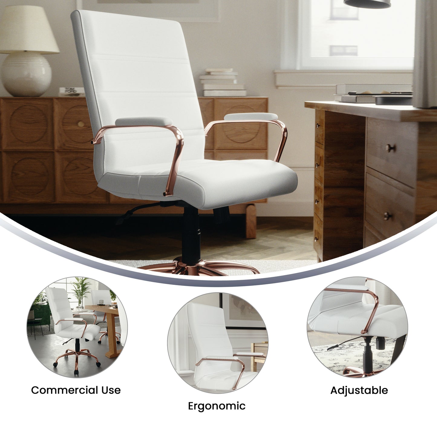 Whitney Mid-Back White LeatherSoft Executive Swivel Office Chair with Rose Gold Frame and Arms White LeatherSoft/Rose Gold Frame GO-2286M-WH-RSGLD-GG