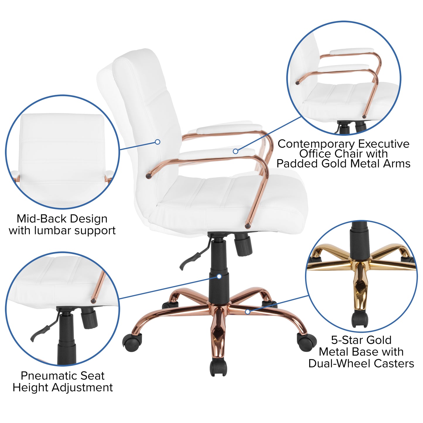 Whitney Mid-Back White LeatherSoft Executive Swivel Office Chair with Rose Gold Frame and Arms White LeatherSoft/Rose Gold Frame GO-2286M-WH-RSGLD-GG