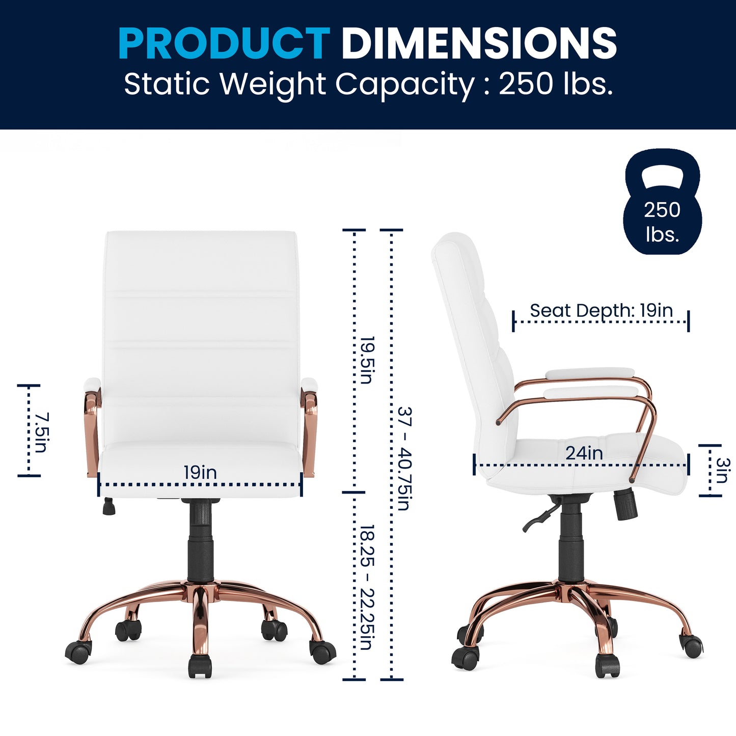Whitney Mid-Back White LeatherSoft Executive Swivel Office Chair with Rose Gold Frame and Arms White LeatherSoft/Rose Gold Frame GO-2286M-WH-RSGLD-GG