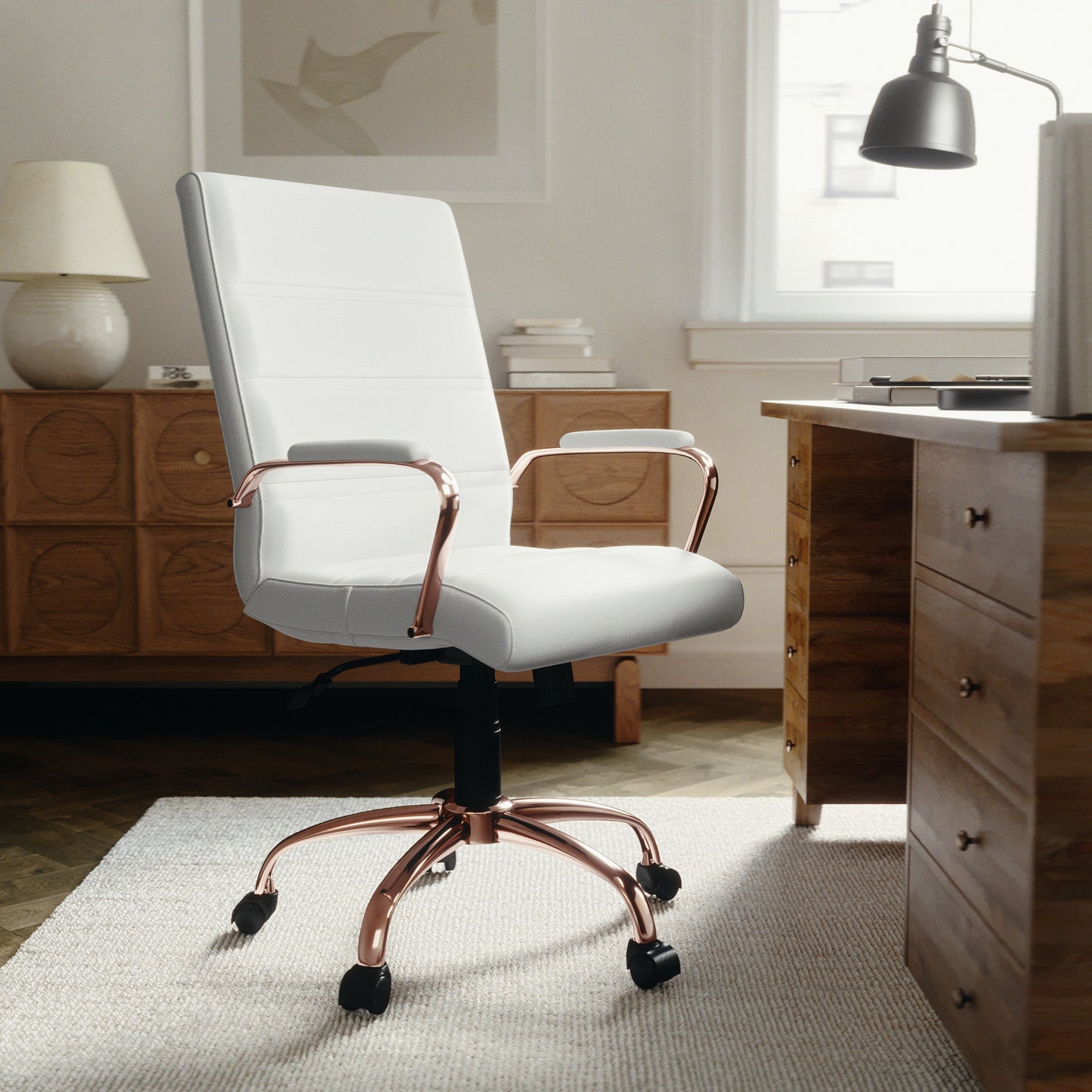 Whitney Mid-Back White LeatherSoft Executive Swivel Office Chair with Rose Gold Frame and Arms White LeatherSoft/Rose Gold Frame GO-2286M-WH-RSGLD-GG