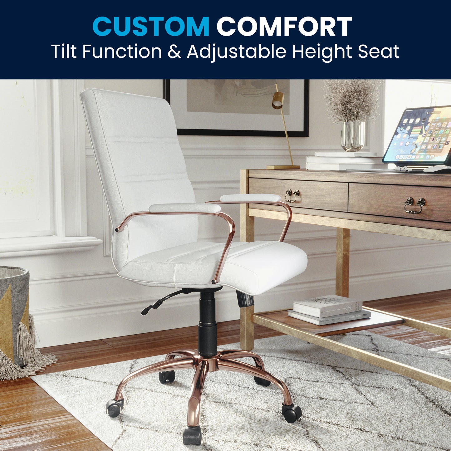 Whitney Mid-Back White LeatherSoft Executive Swivel Office Chair with Rose Gold Frame and Arms White LeatherSoft/Rose Gold Frame GO-2286M-WH-RSGLD-GG