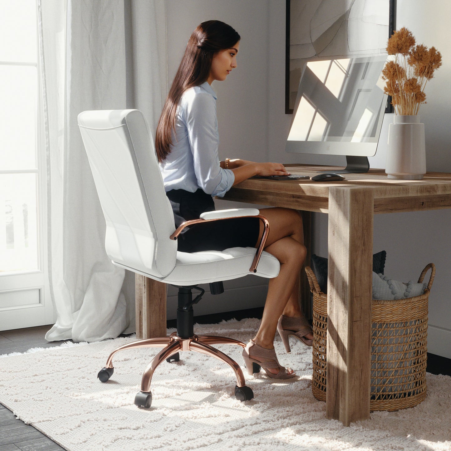 Whitney Mid-Back White LeatherSoft Executive Swivel Office Chair with Rose Gold Frame and Arms White LeatherSoft/Rose Gold Frame GO-2286M-WH-RSGLD-GG