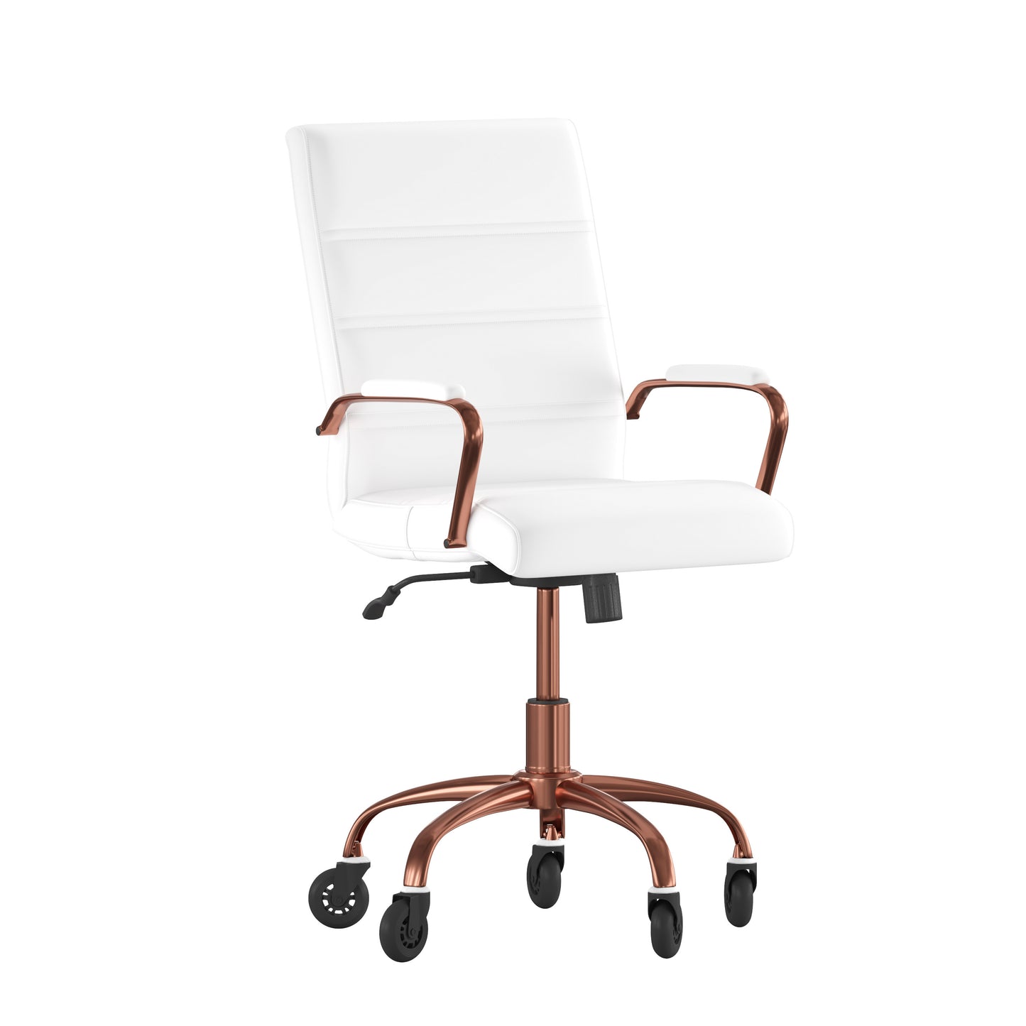 Camilia Mid-Back White LeatherSoft Executive Swivel Office Chair with Rose Gold Frame, Arms, and Transparent Roller Wheels White LeatherSoft/Rose Gold Frame