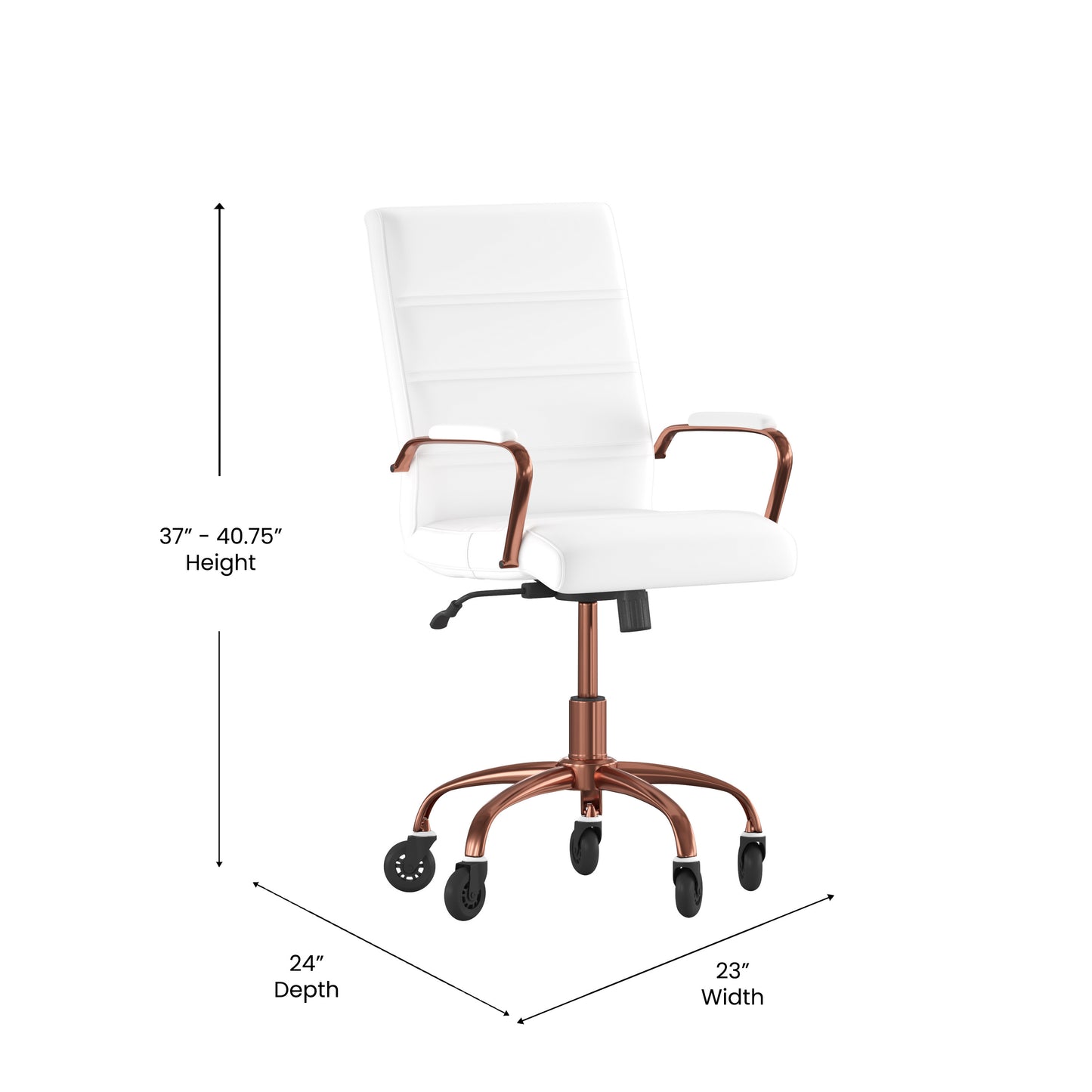 Camilia Mid-Back White LeatherSoft Executive Swivel Office Chair with Rose Gold Frame, Arms, and Transparent Roller Wheels White LeatherSoft/Rose Gold Frame