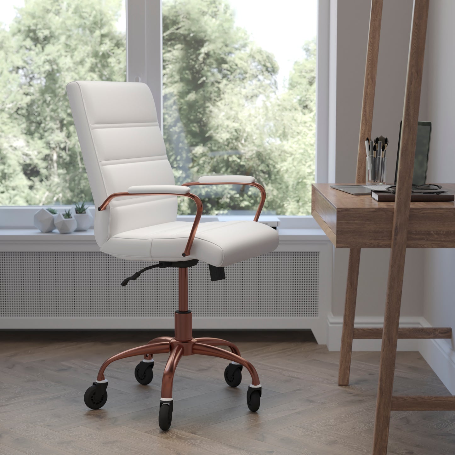 Camilia Mid-Back White LeatherSoft Executive Swivel Office Chair with Rose Gold Frame, Arms, and Transparent Roller Wheels White LeatherSoft/Rose Gold Frame