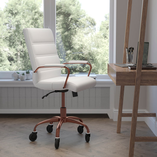 Camilia Mid-Back White LeatherSoft Executive Swivel Office Chair with Rose Gold Frame, Arms, and Transparent Roller Wheels White LeatherSoft/Rose Gold Frame GO-2286M-WH-RSGLD-RLB-GG