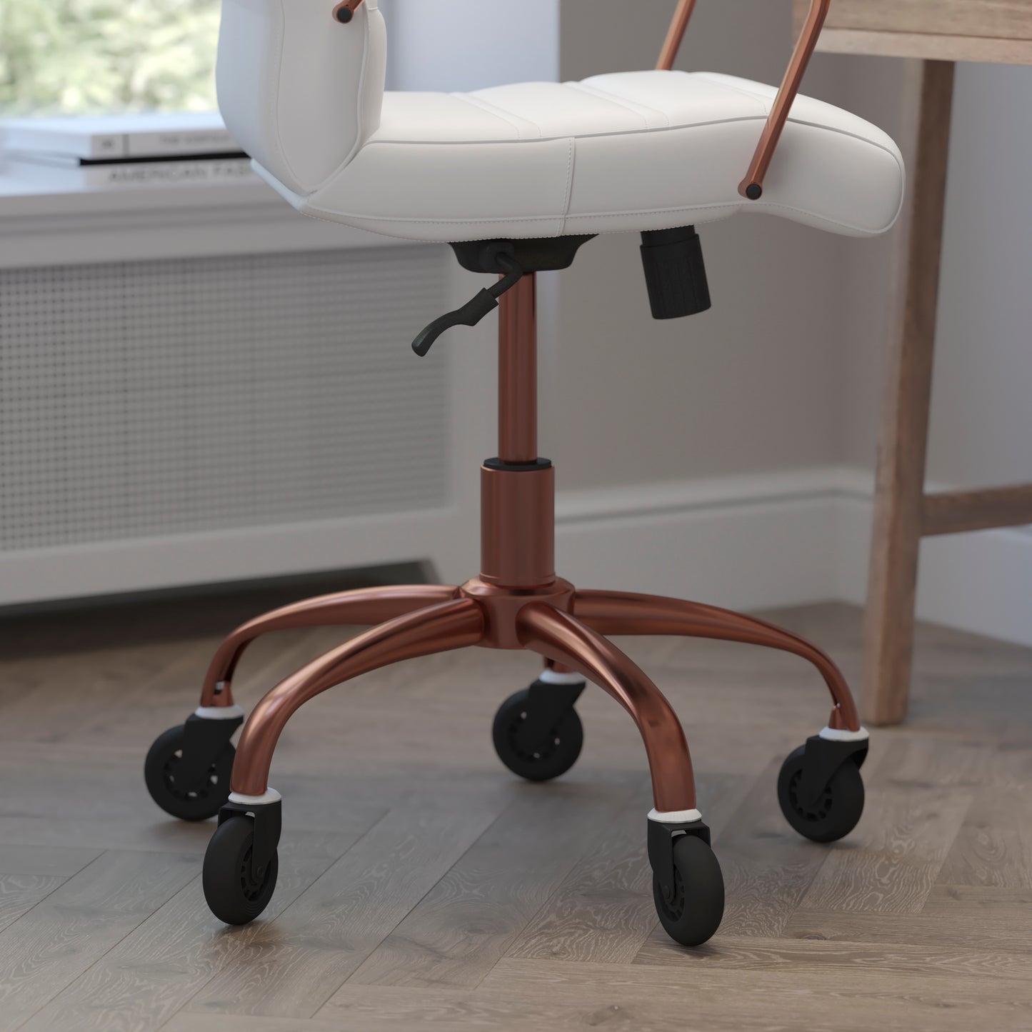 Camilia Mid-Back White LeatherSoft Executive Swivel Office Chair with Rose Gold Frame, Arms, and Transparent Roller Wheels White LeatherSoft/Rose Gold Frame