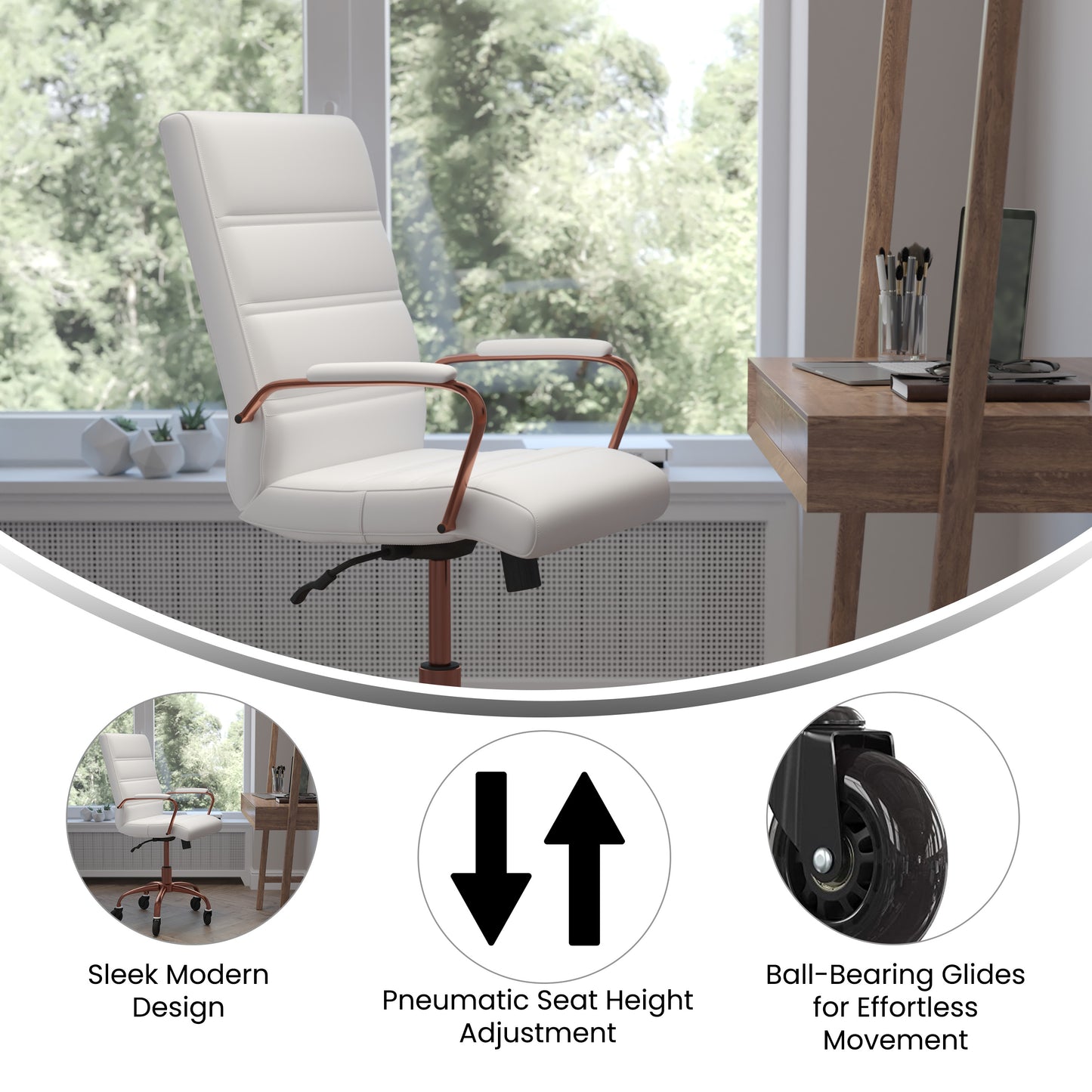 Camilia Mid-Back White LeatherSoft Executive Swivel Office Chair with Rose Gold Frame, Arms, and Transparent Roller Wheels White LeatherSoft/Rose Gold Frame