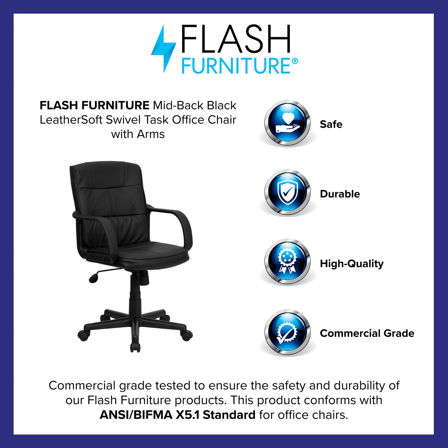 Rider Mid-Back Black LeatherSoft Swivel Task Office Chair with Arms Black