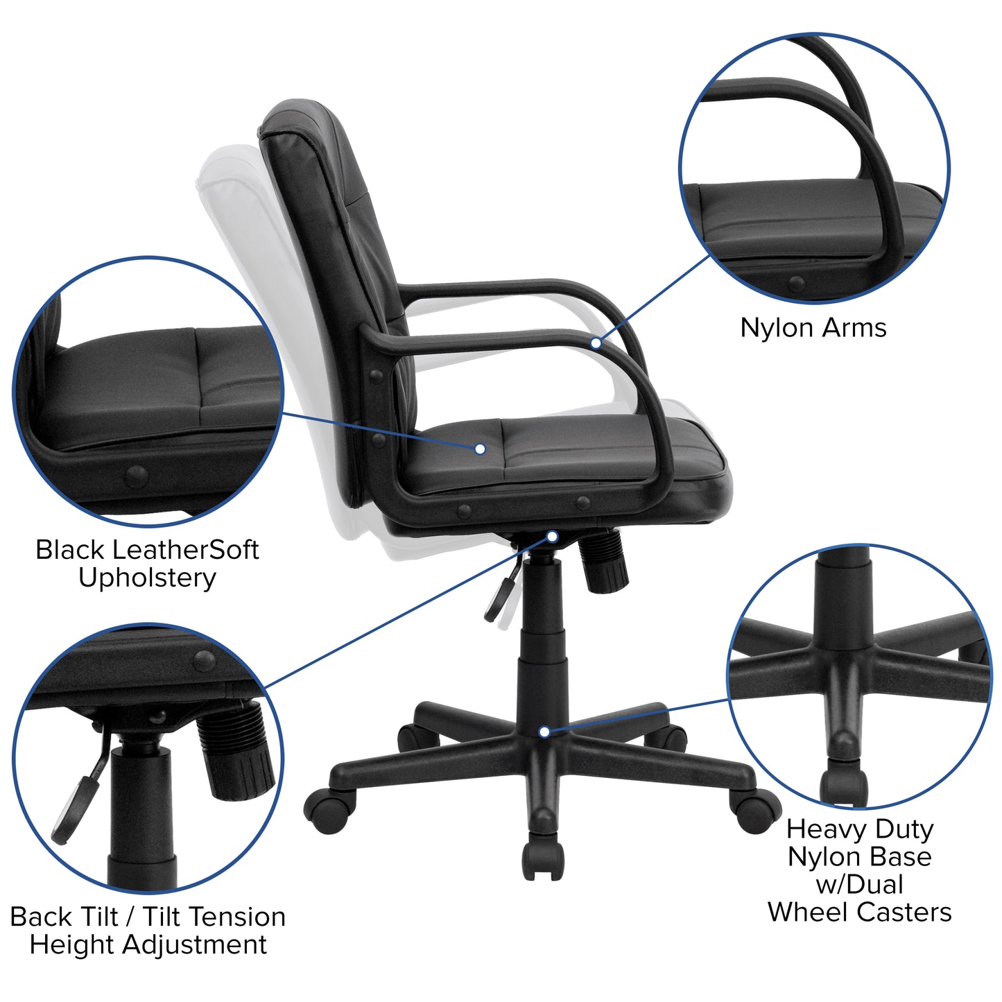 Rider Mid-Back Black LeatherSoft Swivel Task Office Chair with Arms Black