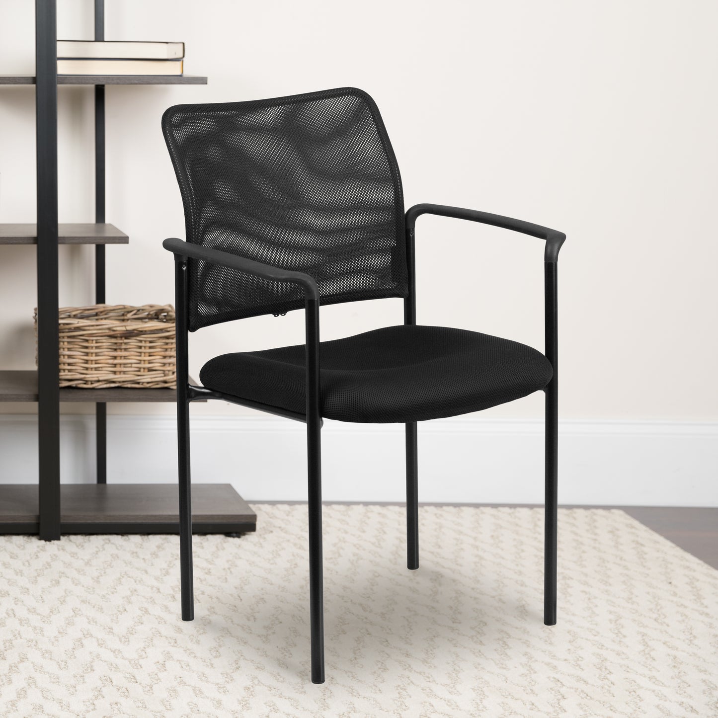 Jana Comfort Black Mesh Stackable Steel Side Chair with Arms Black