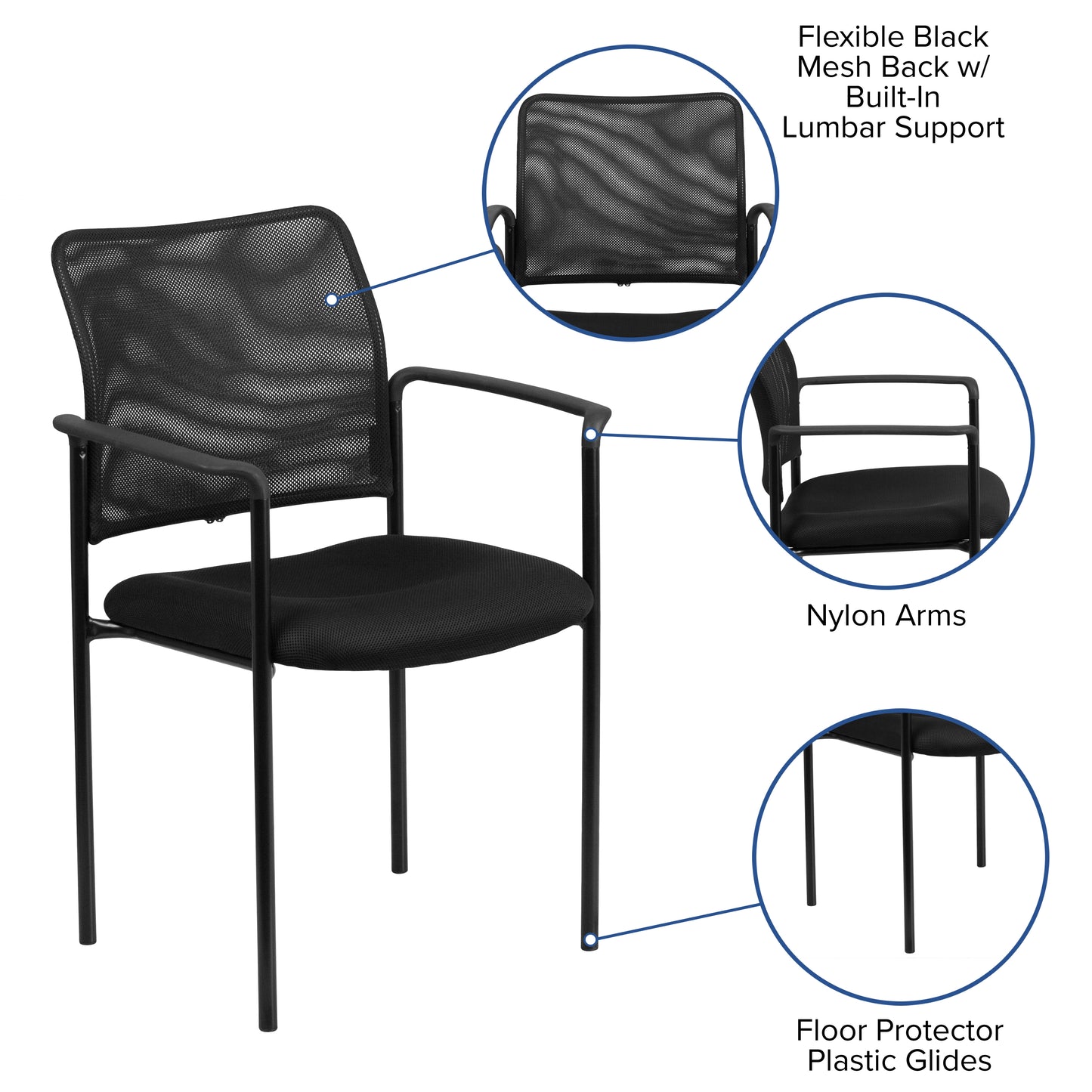 Jana Comfort Black Mesh Stackable Steel Side Chair with Arms Black