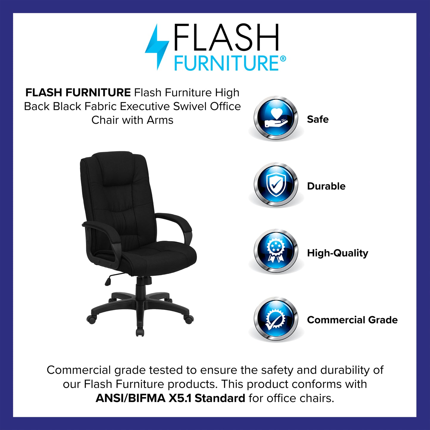 Jessica High Back Black Fabric Executive Swivel Office Chair with Arms Black Fabric