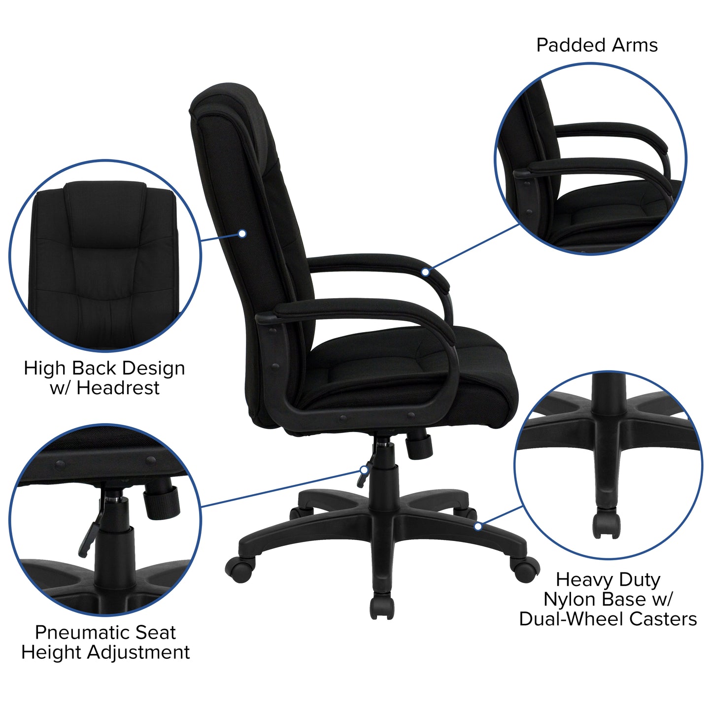 Jessica High Back Black Fabric Executive Swivel Office Chair with Arms Black Fabric
