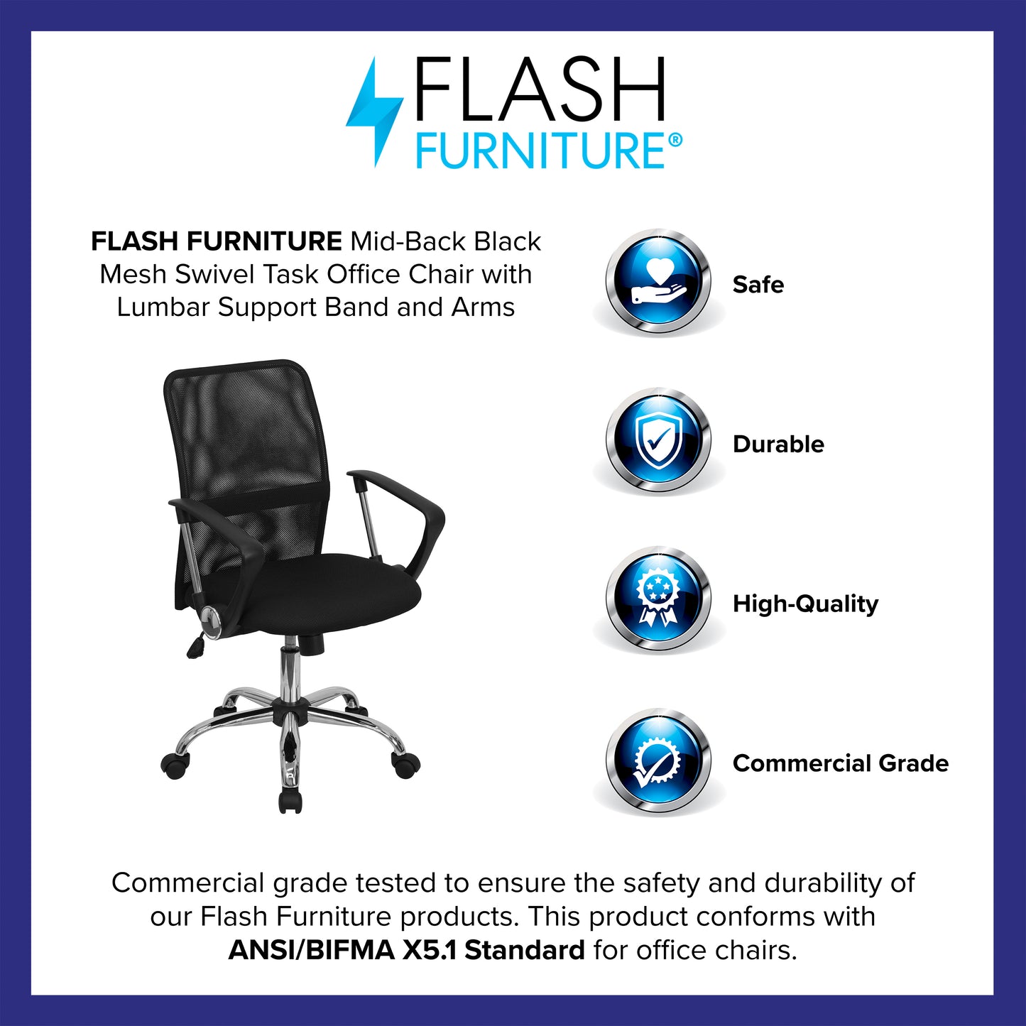 Jenkins Mid-Back Black Mesh Swivel Task Office Chair with Lumbar Support Band and Arms Black