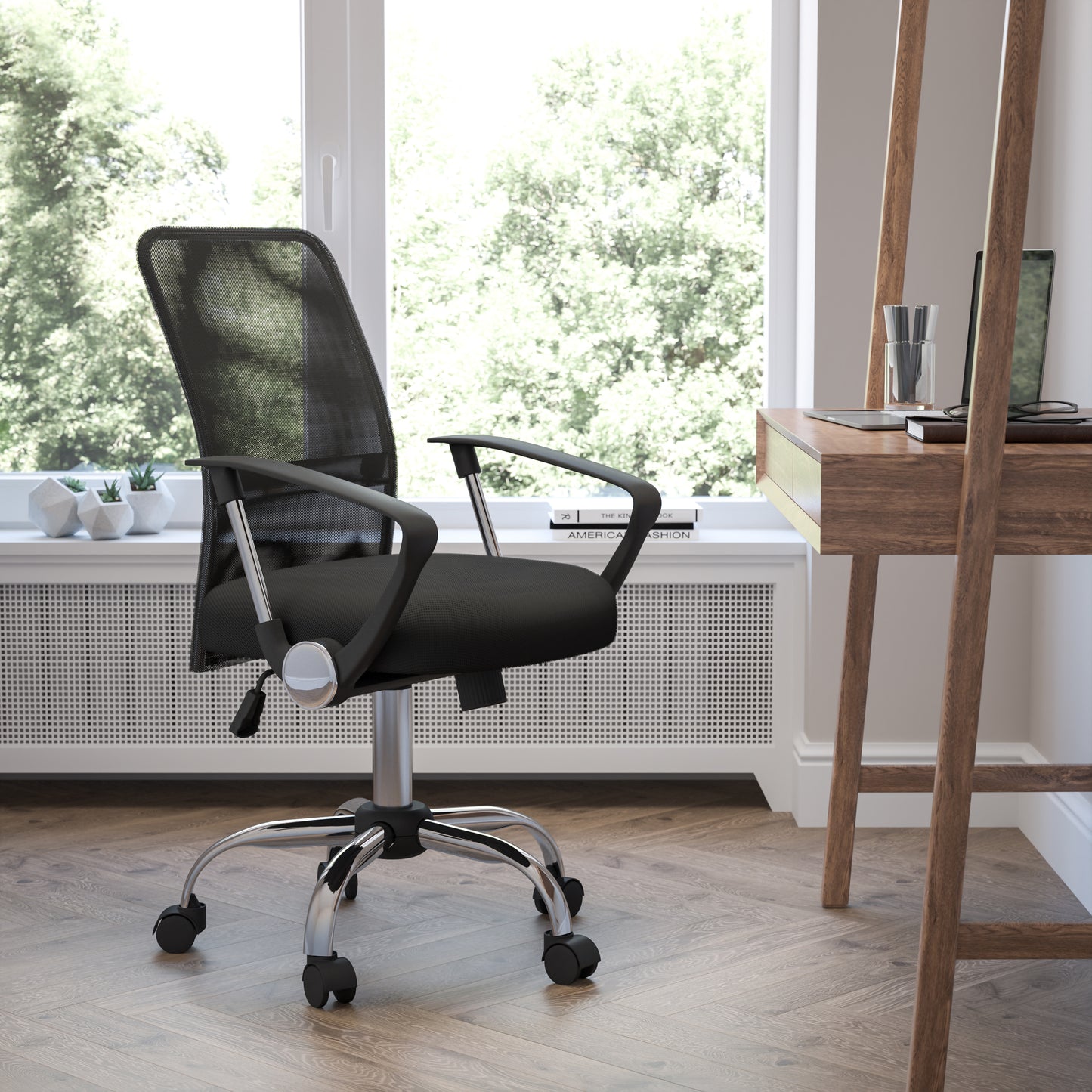 Jenkins Mid-Back Black Mesh Swivel Task Office Chair with Lumbar Support Band and Arms Black