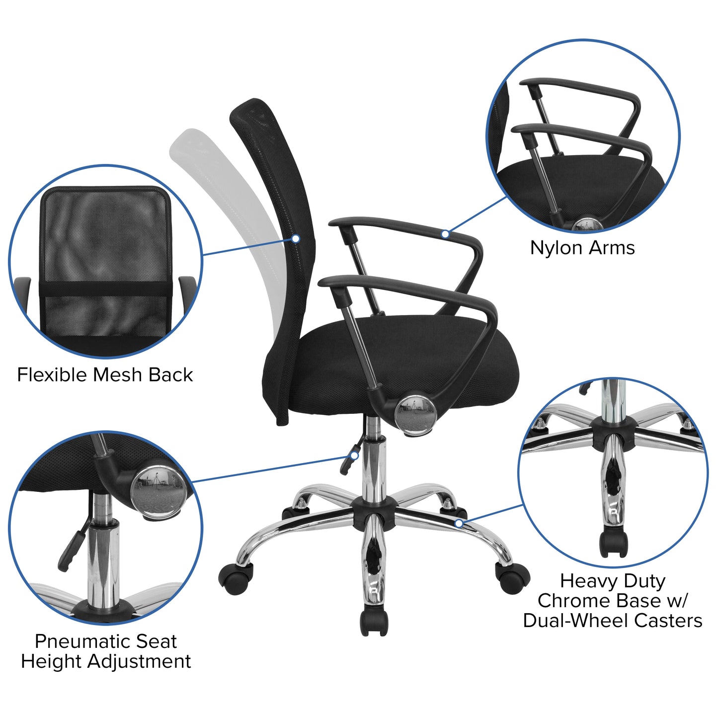 Jenkins Mid-Back Black Mesh Swivel Task Office Chair with Lumbar Support Band and Arms Black