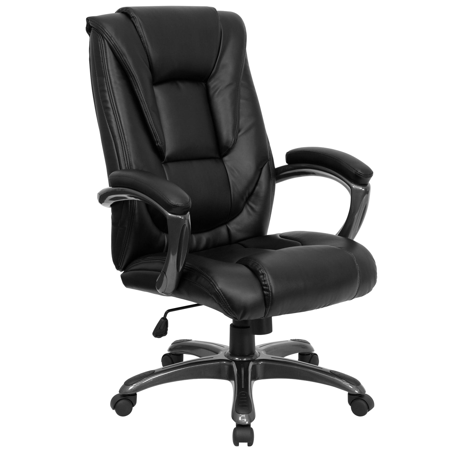 Oma High Back Black LeatherSoft Layered Upholstered Executive Swivel Ergonomic Office Chair with Smoke Metal Base and Arms Black