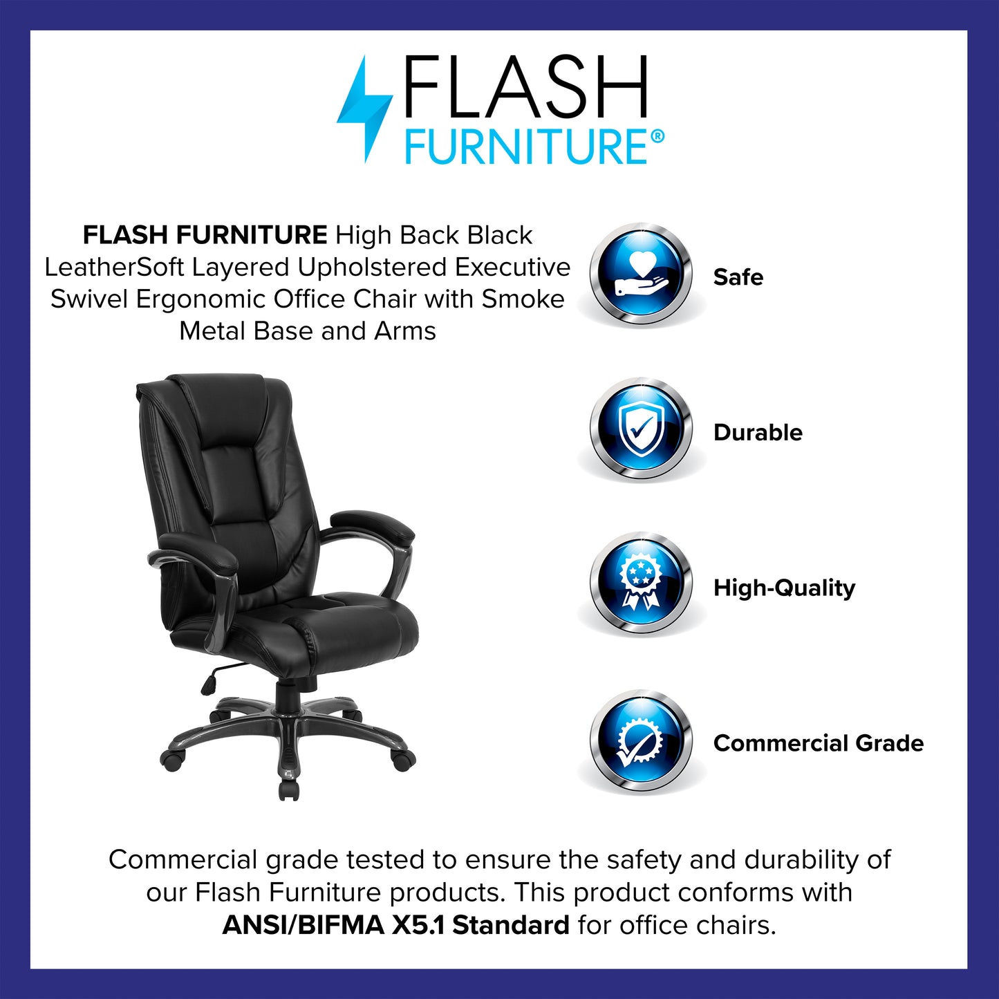 Oma High Back Black LeatherSoft Layered Upholstered Executive Swivel Ergonomic Office Chair with Smoke Metal Base and Arms Black